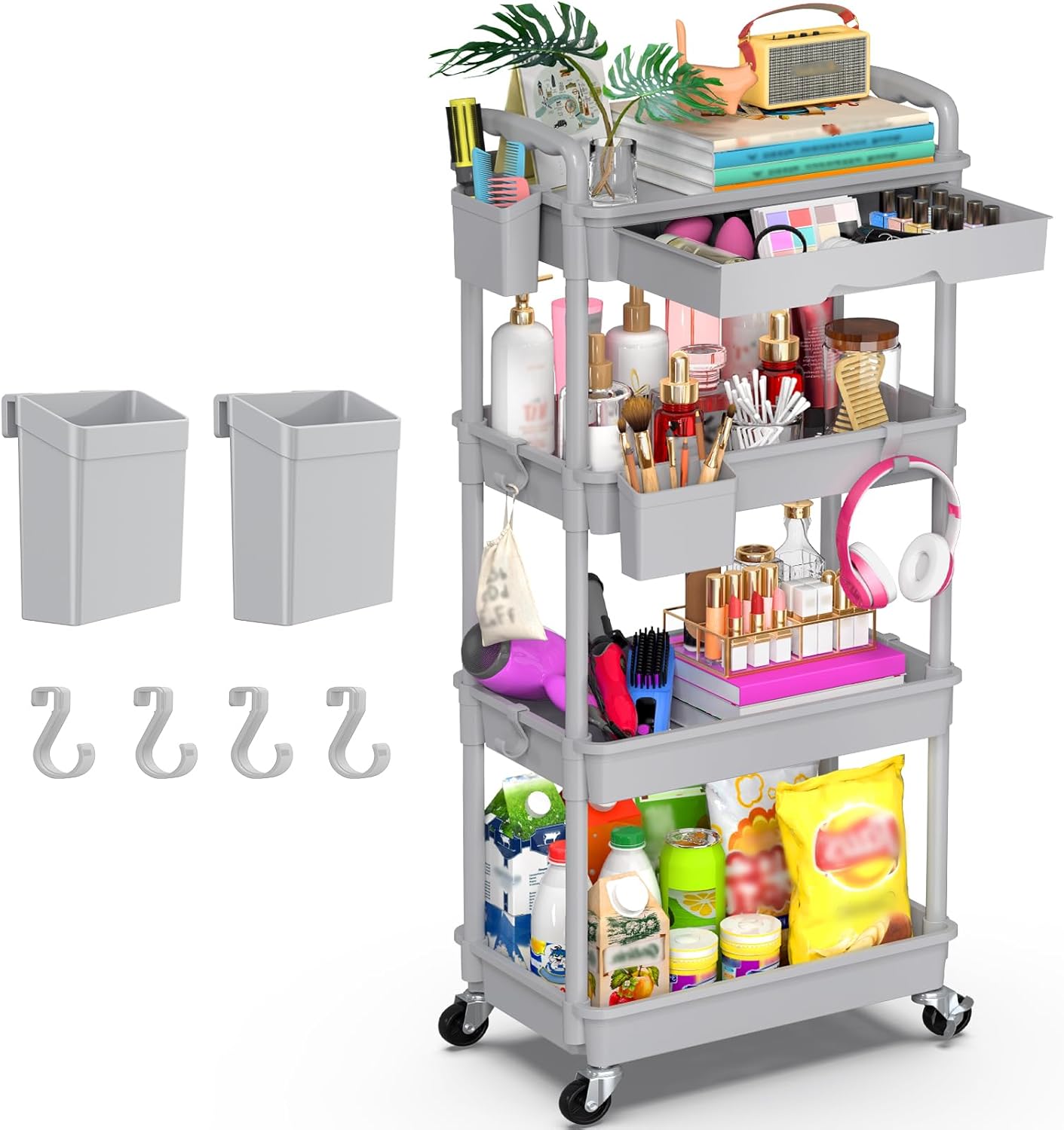 Goovilla 3 Tier Rolling Utility Cart Organizer with Removable Drawer, Stable and Sturdy Black Rolling Storage Carts with 2 Lockable Wheels for Bathroom, Kitchen, Snack, Craft, Makeup, Baby Essentials
