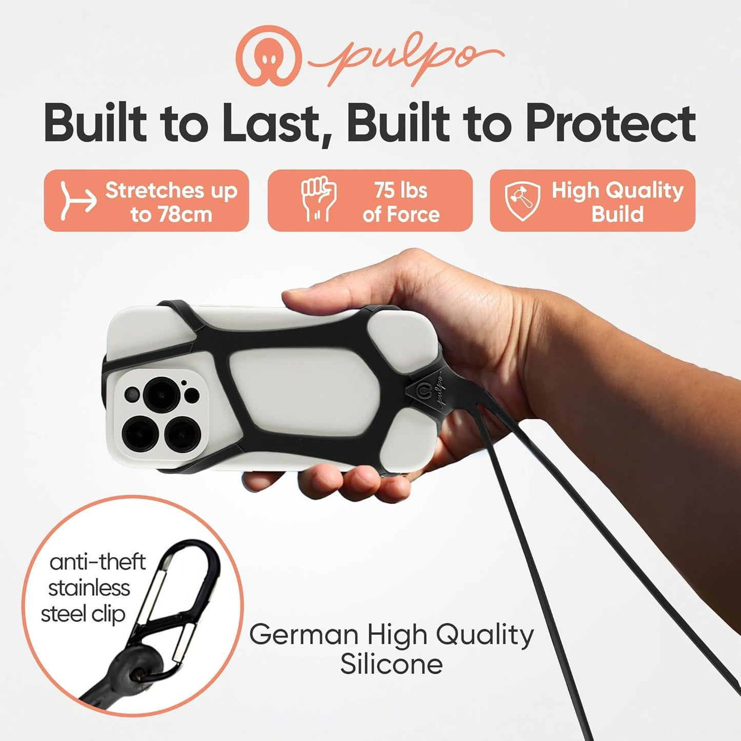 Pulpo Safety Cell Phone Lanyard Black Fits Smartphones 6.1" to 6.8” - Anti Theft Phone Strap for Men & Women, Lanyards for Phones, Hiking Phone Holder & Cellphone Lanyard, Silicone Crossbody Straps