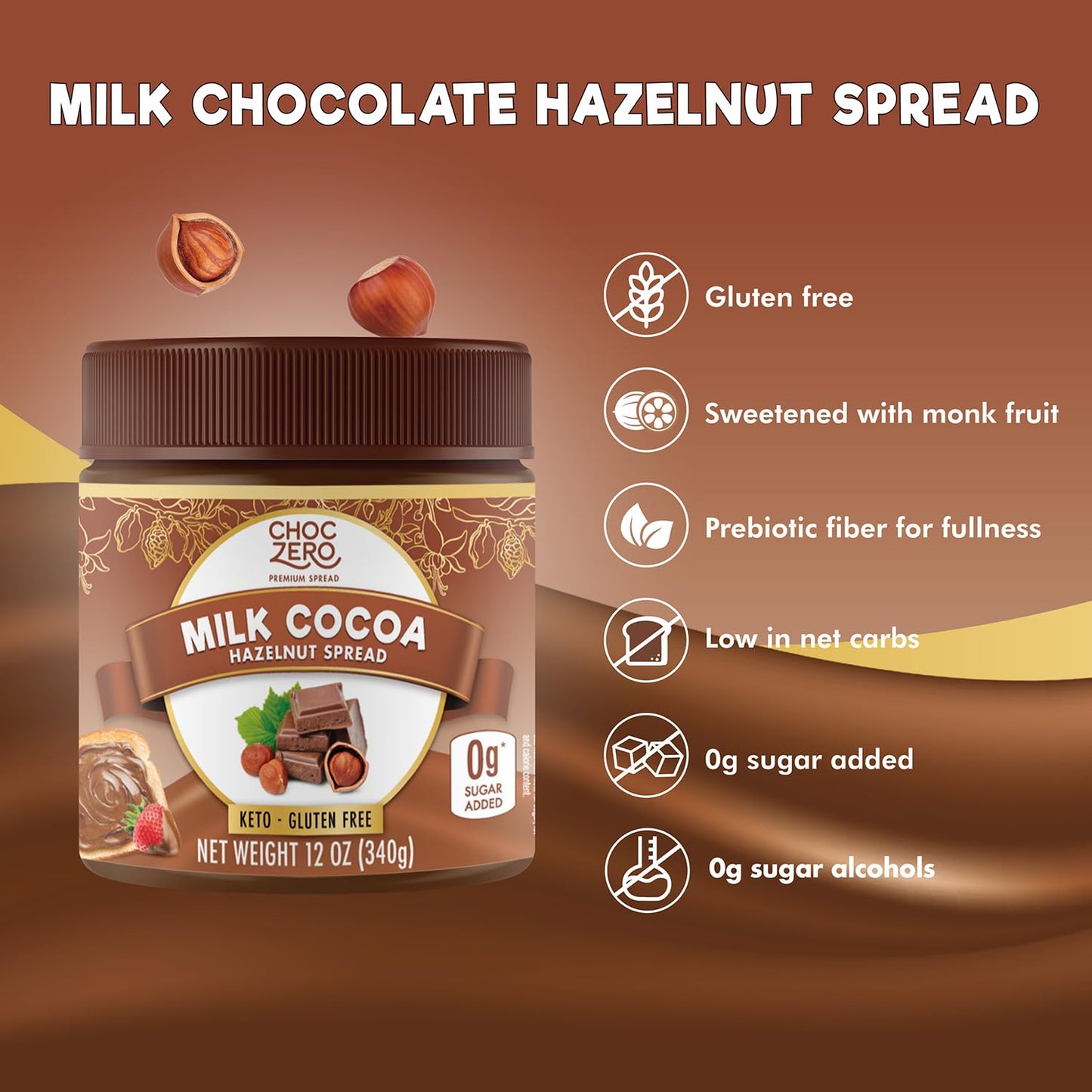 ChocZero 12 oz Milk Chocolate Hazelnut Spread, No Added Sugar, Keto Friendly, Low-Carb, Gluten Free, High Fiber, Versatile