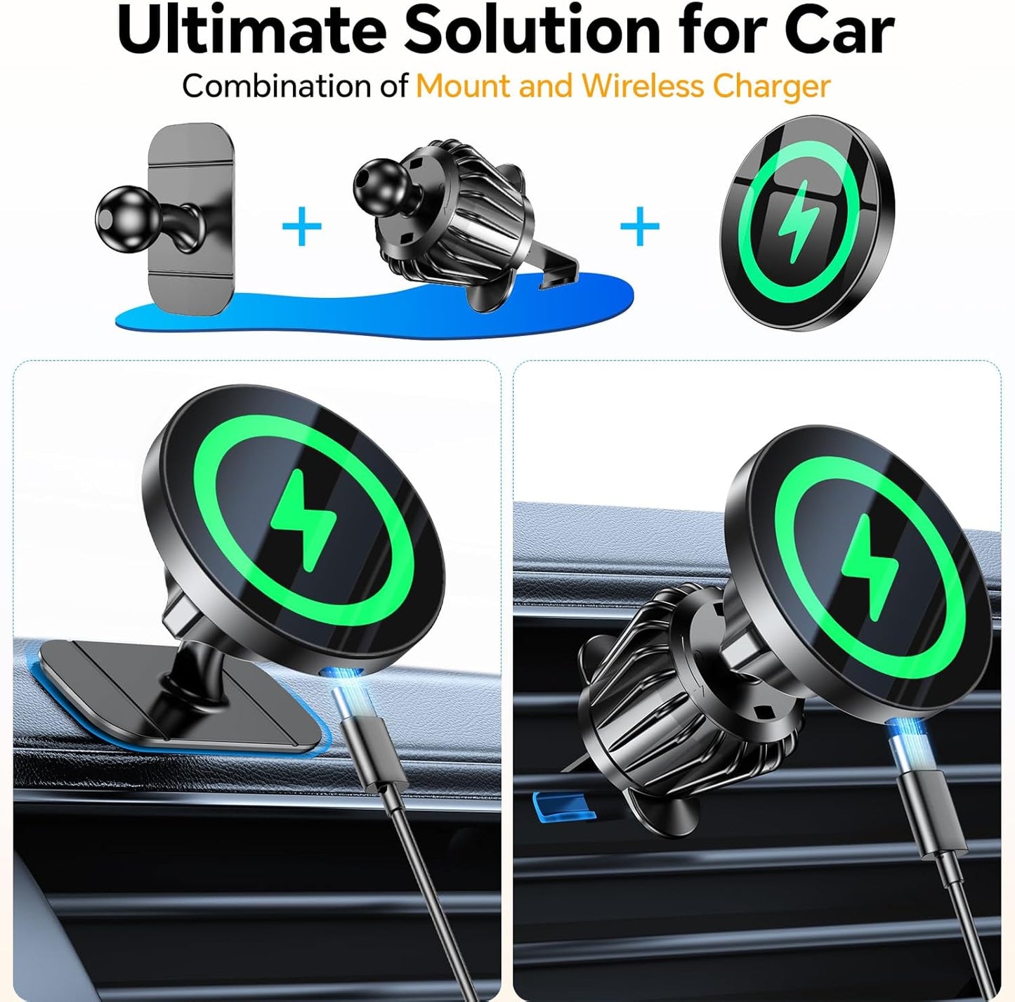 Coolpow for Magsafe Car Mount Charger【100% Stable】 15W Magsafe Car Charger Magnetic Phone Holders for Your Car Accessories for Women Men car Phone Holder Wireless Car Charger for iPhone