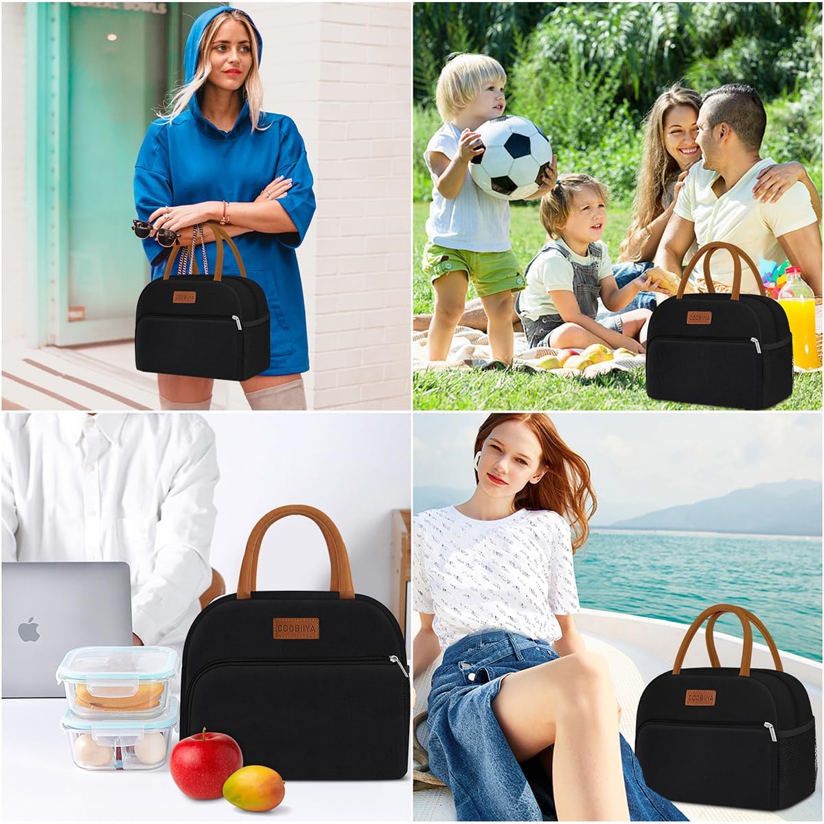 Coobiiya Lunch Box Lunch Bag for Women Men,Reusable Cute Lunch Pail bag,Leakproof,Insulated LunchBox Tote Compact 10L, Cooler Lunch Container for Work Travel Office (Black)