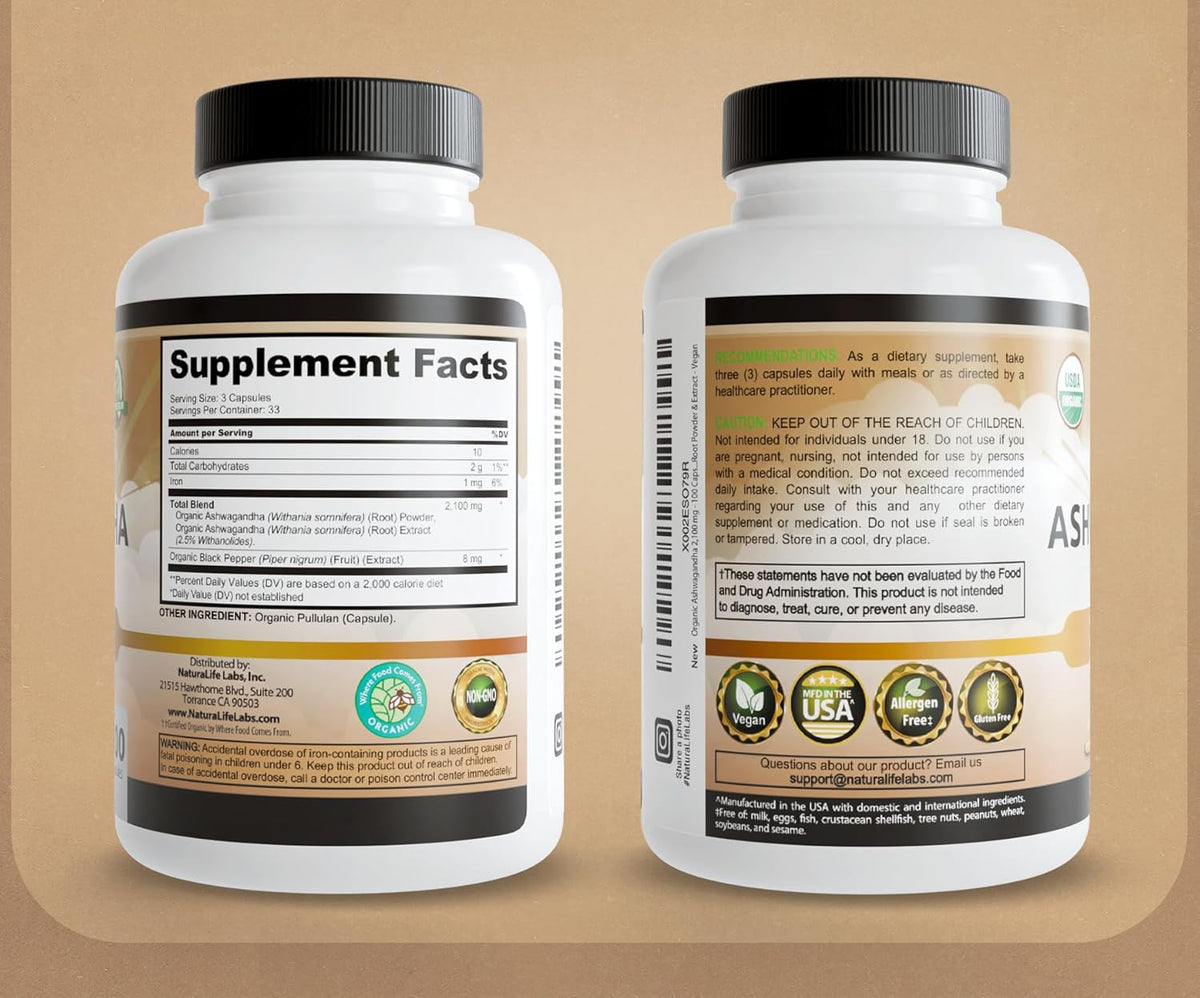 NaturaLife Labs Organic Ashwagandha 2100 mg per Serving – Full Spectrum Root Powder and Standardized Extract (Withanolides) – 100 Capsules – Vegan – Non-GMO, Gluten-Free
