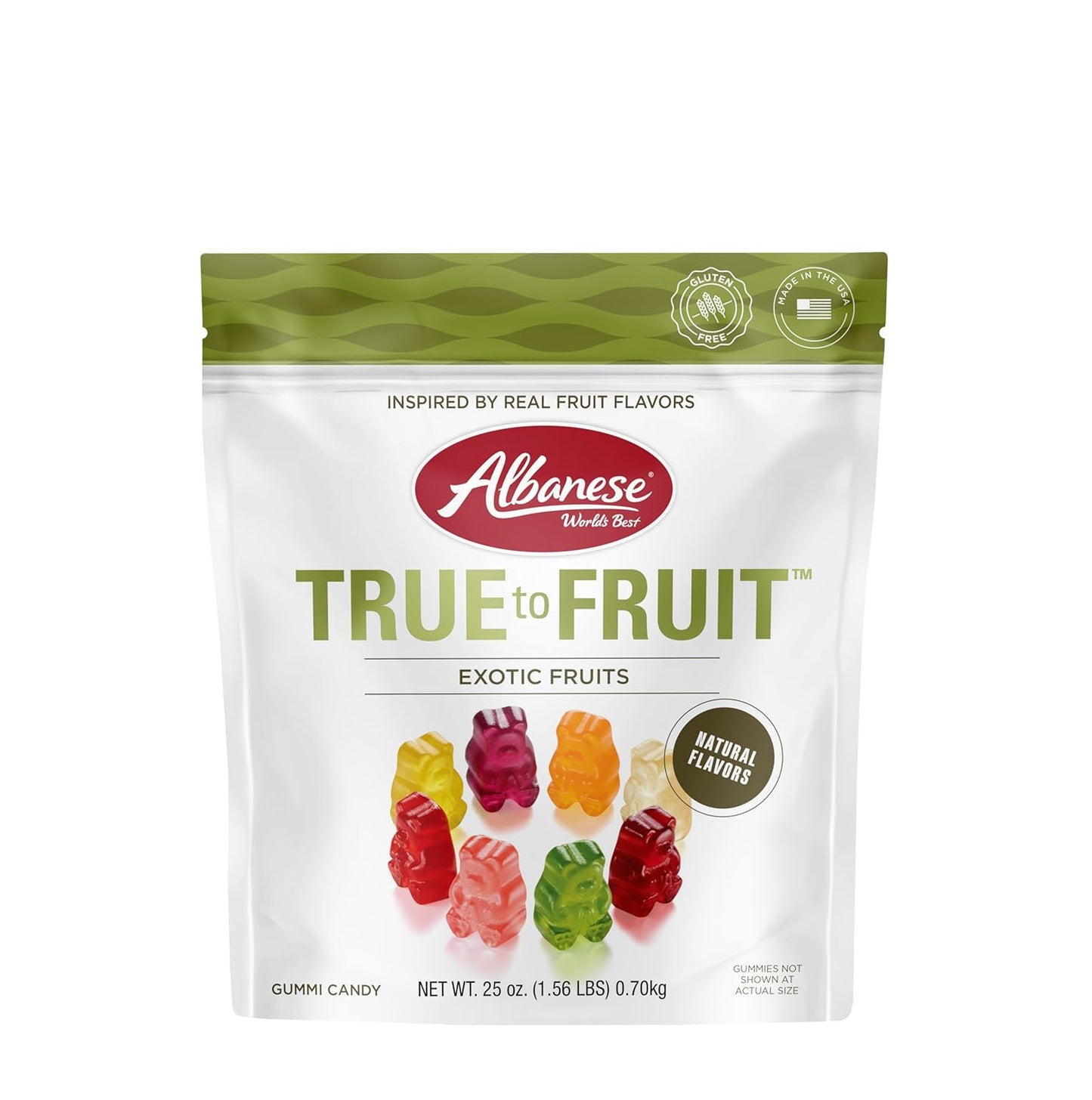 albanese world's best true to fruit exotic fruits, 25oz bag, 8 flavors, soft gummy bears, share size
