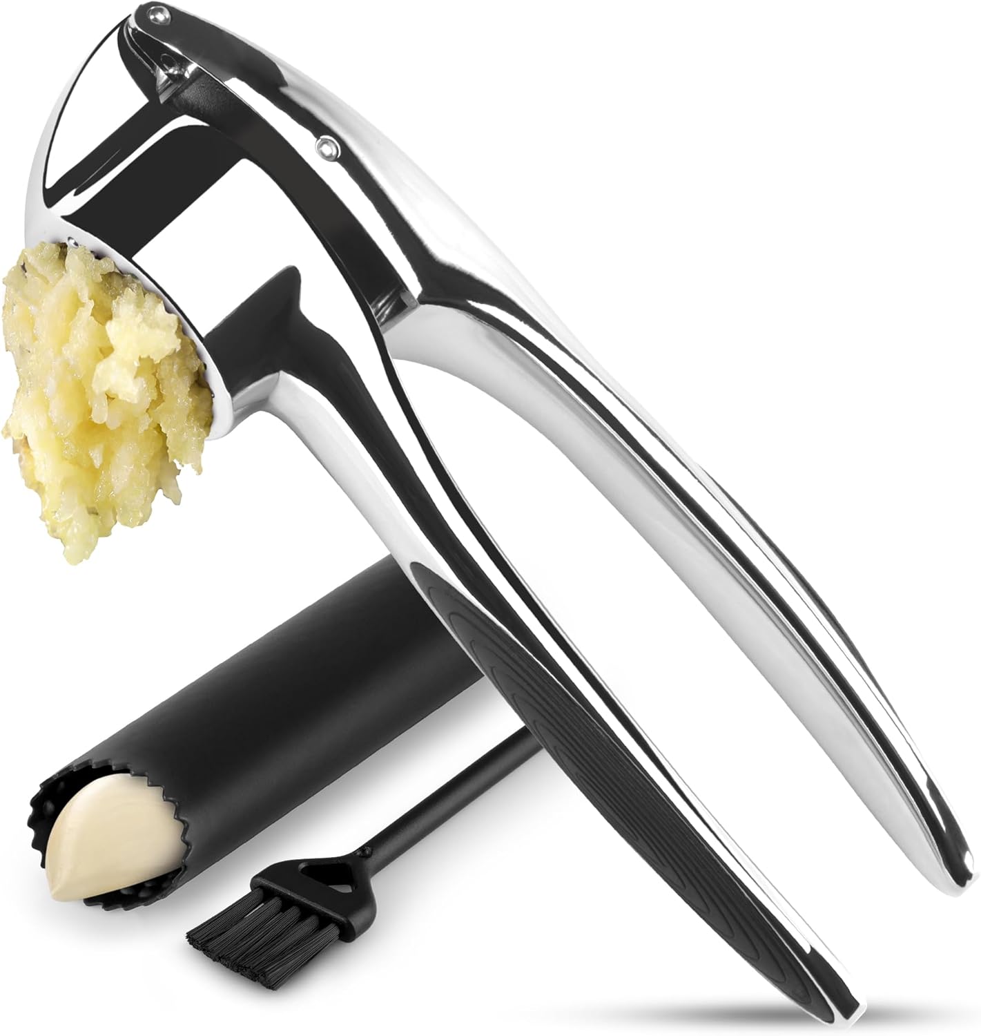 Zulay Kitchen Premium Garlic Press Set - Rust Proof Professional Garlic Mincer Tool - Easy-Squeeze, Easy-Clean with Soft, Ergonomic Handle - Silicone Garlic Peeler & Brush (Silver)