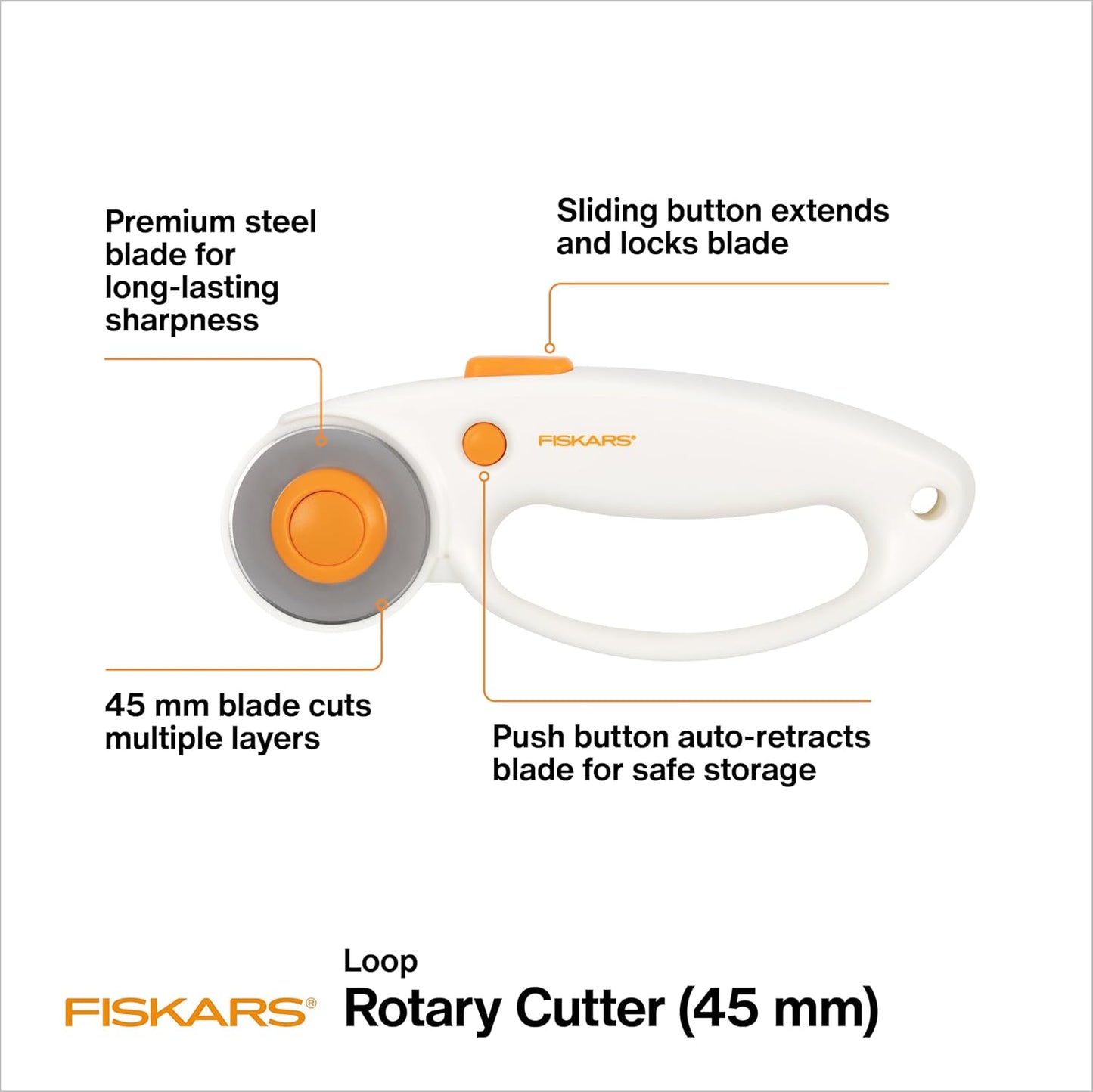 Fiskars 45mm Rotary Cutter for Fabric with Ergonomic Loop Grip, Premium Steel Rotary Fabric Cutter Blade for Precise Cuts, Arts and Crafts, Sewing Supplies and Quilting Tools