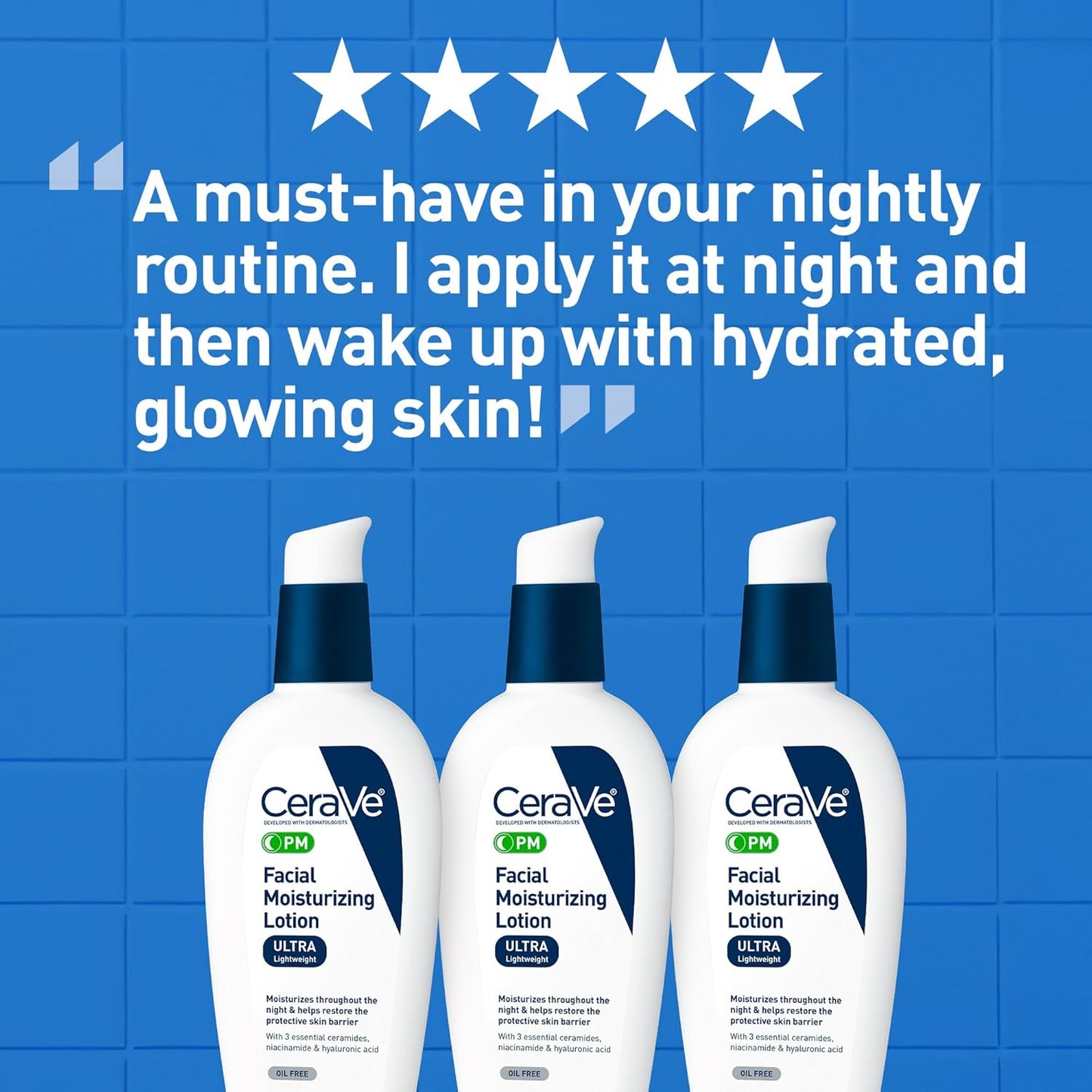 CeraVe PM Facial Moisturizing Lotion, Night Cream with Hyaluronic Acid and Niacinamide, Ultra-Lightweight, Oil-Free Moisturizer for Face, 3 Ounce