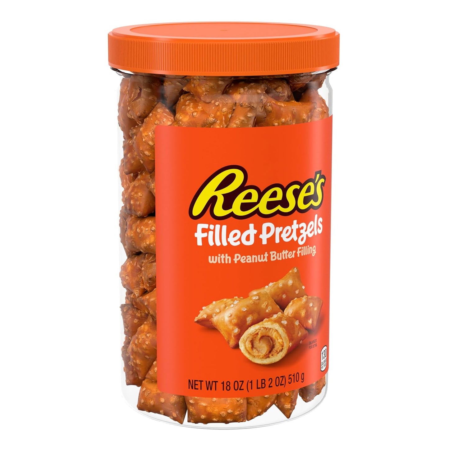 reeses peanut butter filled pretzels, crunchy pretzel nuggets, 18oz jar, sweet and salty snack