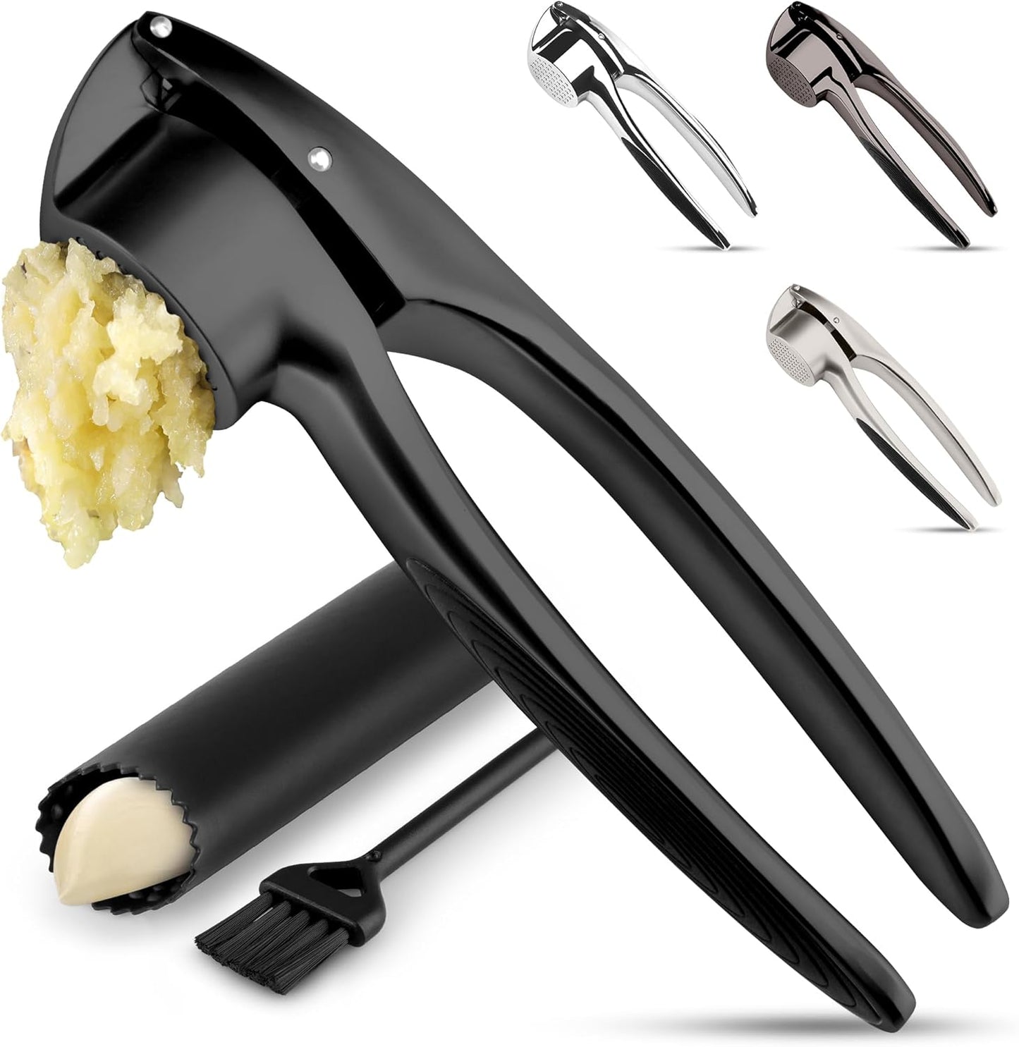 Zulay Kitchen Premium Garlic Press Set - Rust Proof Professional Garlic Mincer Tool - Easy-Squeeze, Easy-Clean with Soft, Ergonomic Handle - Silicone Garlic Peeler & Brush (Silver)