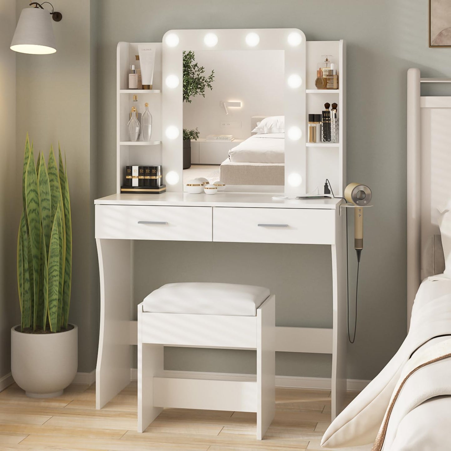 Vabches Vanity Desk with Lights,Makeup Vanity with Power Strip,Dressing Table Set with 2 Large Drawers,Vanity Mirror 3 Lighting Color Adjustable,White