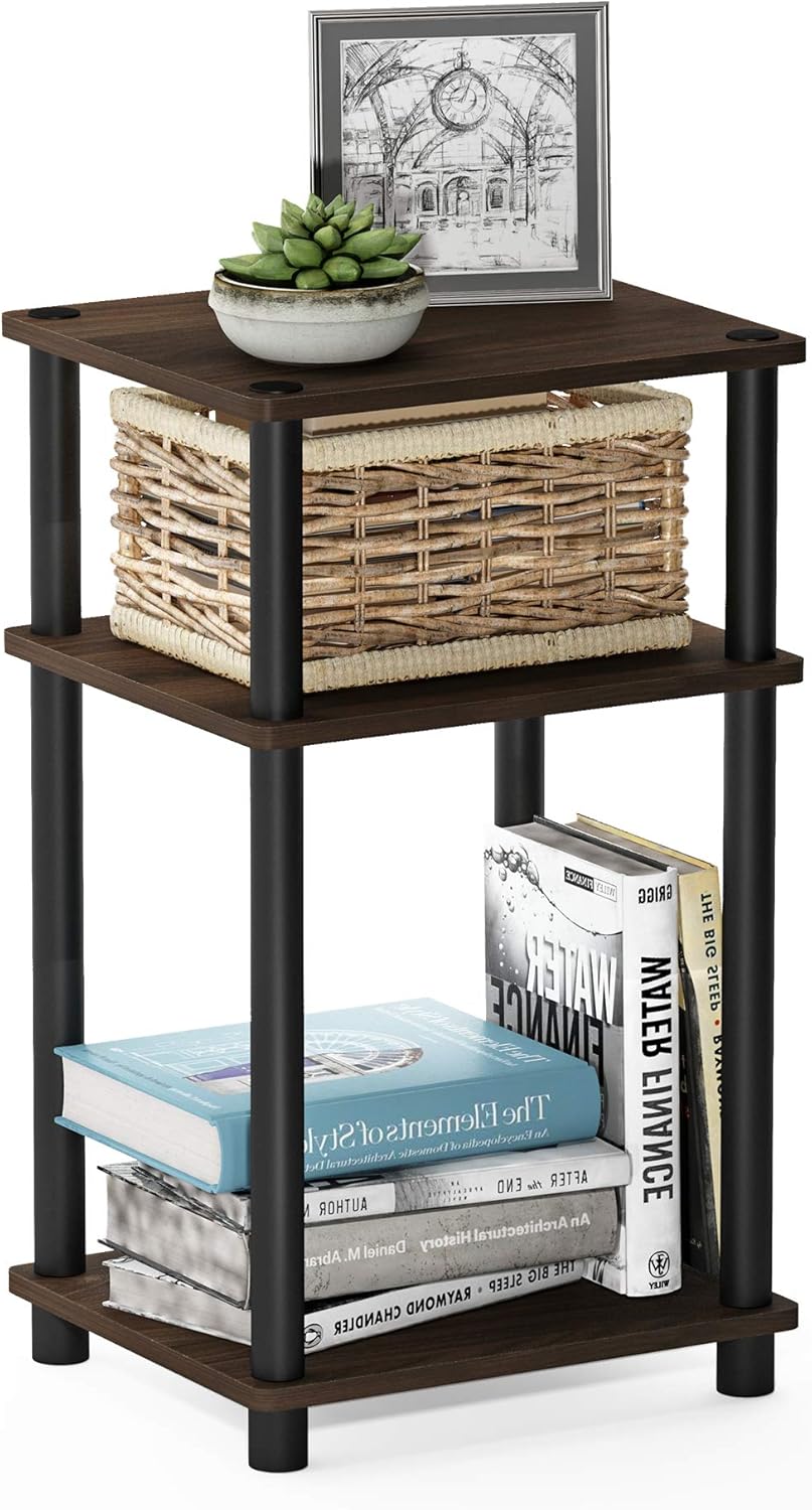 Furinno JUST Side Table, 3-Tier End Table, Open Shelves Night Stand, Bedside Table, Toolless Assembly, for Living Room, Bedroom, Bathroom, Columbia Walnut