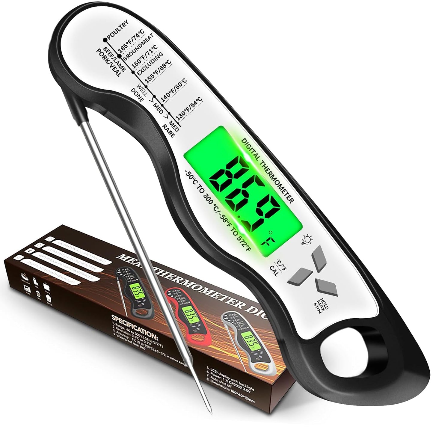 Meat Thermometer Digital，IP67 Waterproof Cooking Thermometer with Backlight, Calibration & Hold Function，Food Thermometer for Cooking,Outdoor Grilling，Suitable as Stocking Stuffers for Men