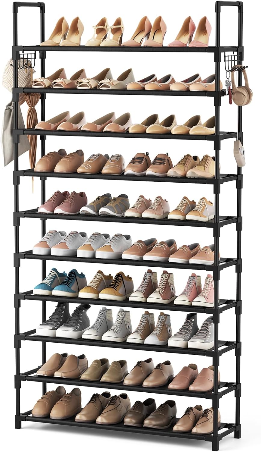 10-Tier Shoe Rack for Closet & Entryway – 50 Pair Large Capacity Shoe Organizer with Hooks & Anti-Fall Rails – Metal Frame Storage Shelf for Bedroom, Apartment, Hallway