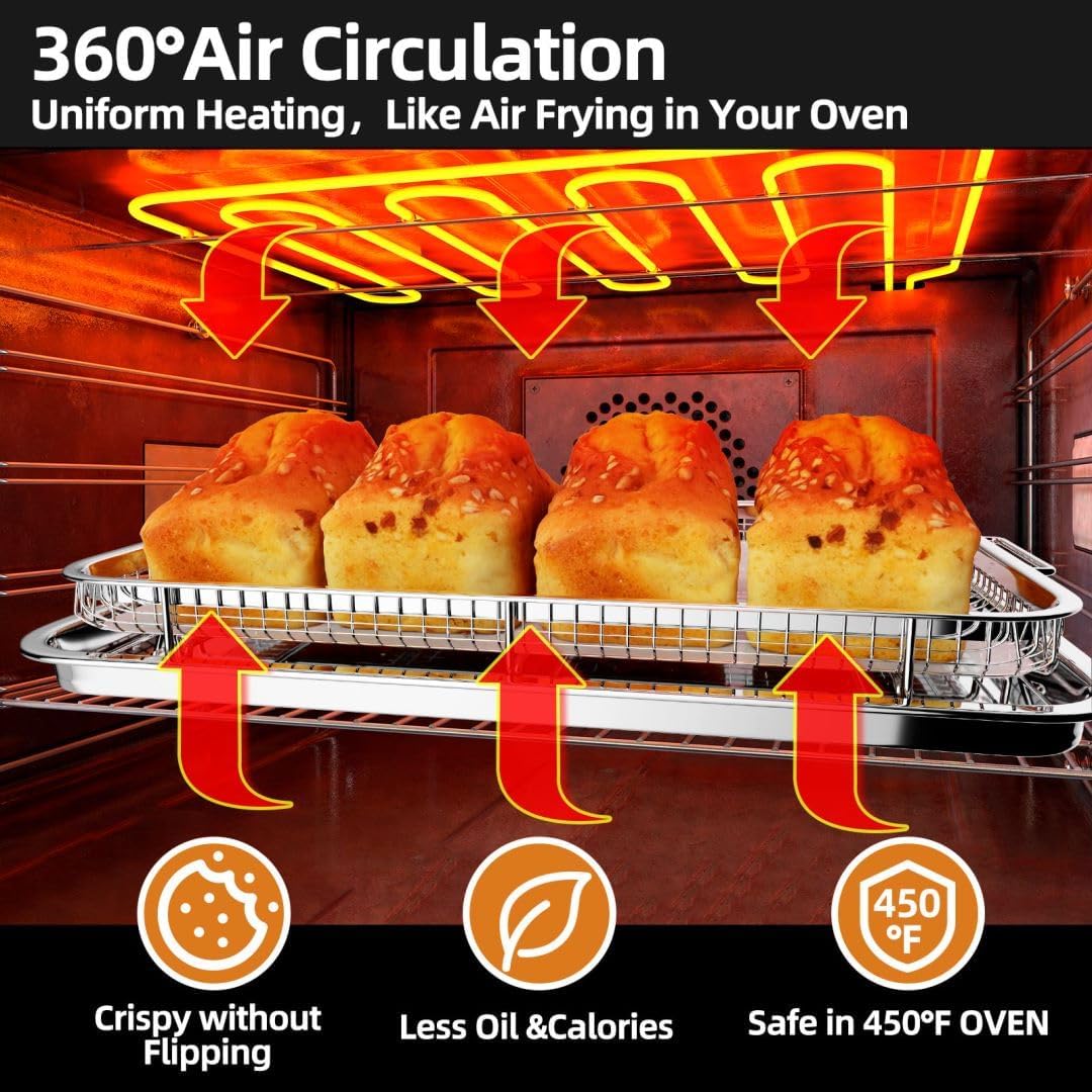 Air Fryer Basket for Oven, Extra Large 18.8" x 12.8" Oven Air Fryer Basket and Tray Set with 30 PCS Parchment Papers, Stainless Steel Air Fryer Pan and Crisper Tray (Silver)