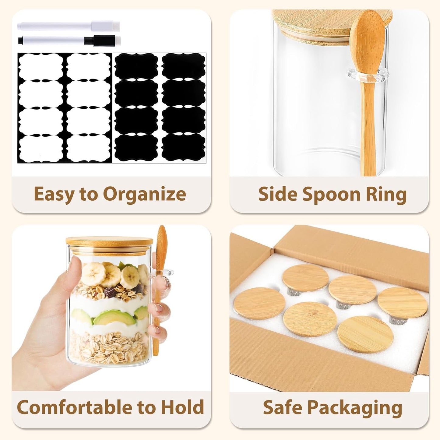 6 Pack Overnight Oats Containers with Lids and Spoons, 16oz Glass Jars with Bamboo Lids, Airtight Meal Prep Yogurt Containers for Breakfast, Parfait, Salad, Chia Pudding
