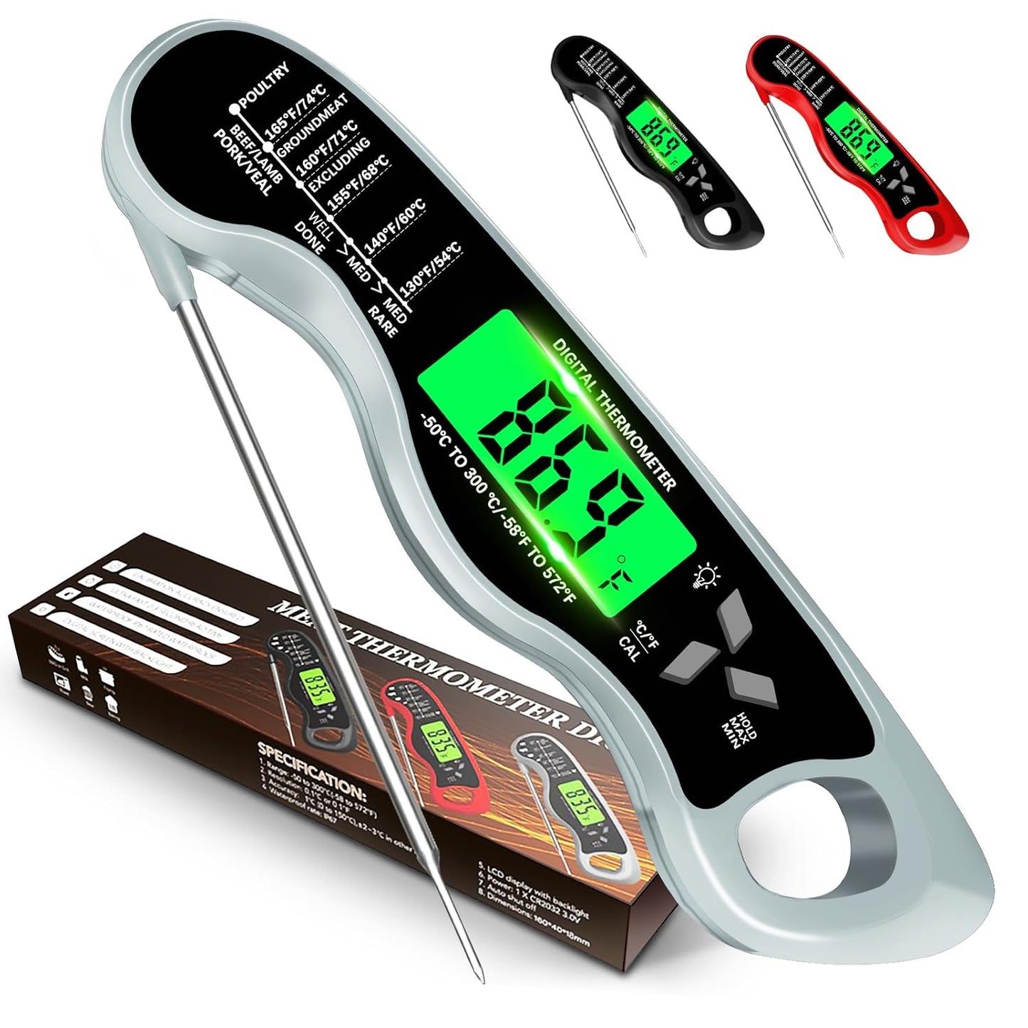 Meat Thermometer Digital，IP67 Waterproof Cooking Thermometer with Backlight, Calibration & Hold Function，Food Thermometer for Cooking,Outdoor Grilling，Suitable as Stocking Stuffers for Men