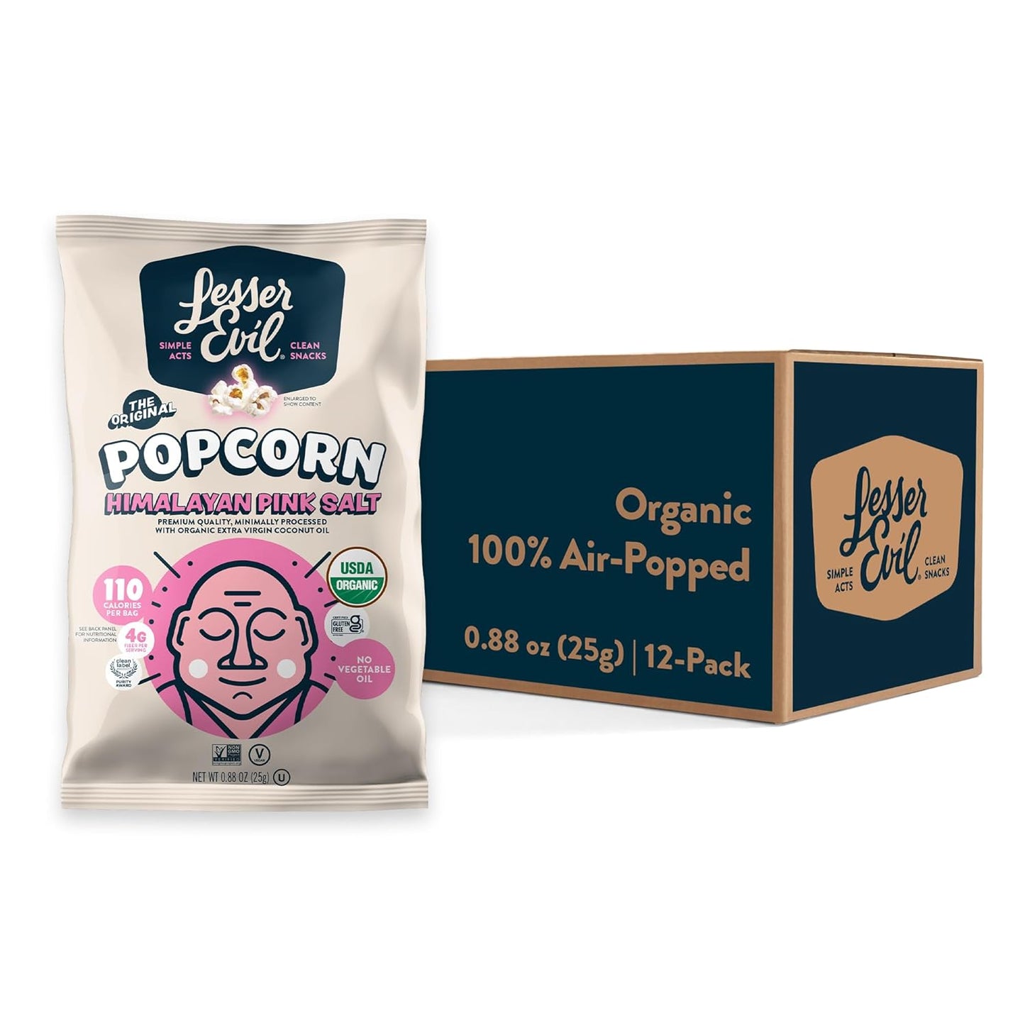 LesserEvil Himalayan Pink Salt Organic Popcorn, Premium Quality, Minimally Processed, No Vegetable Oil, 0.46 Oz, Pack of 24
