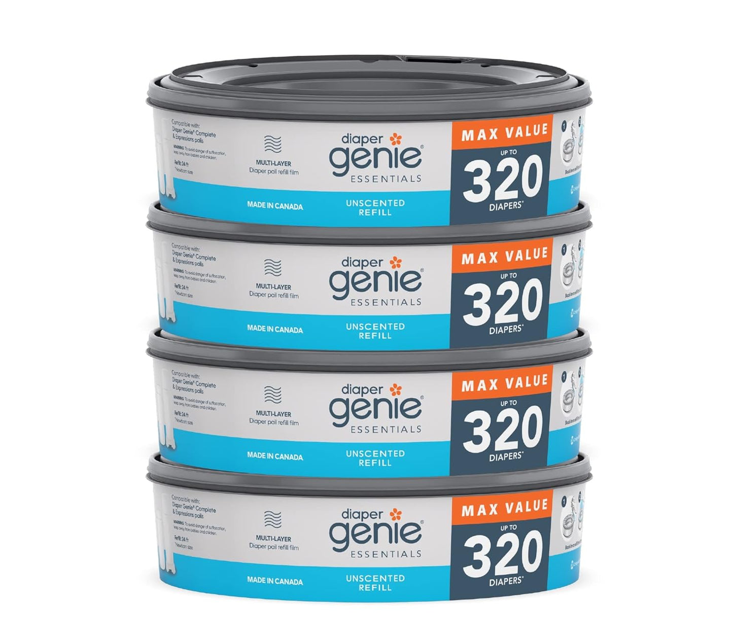 Diaper Genie Refill Round – Pack of 4 | Holds 1280 Diapers | Odor-Lock Film for Complete & Expressions Pails