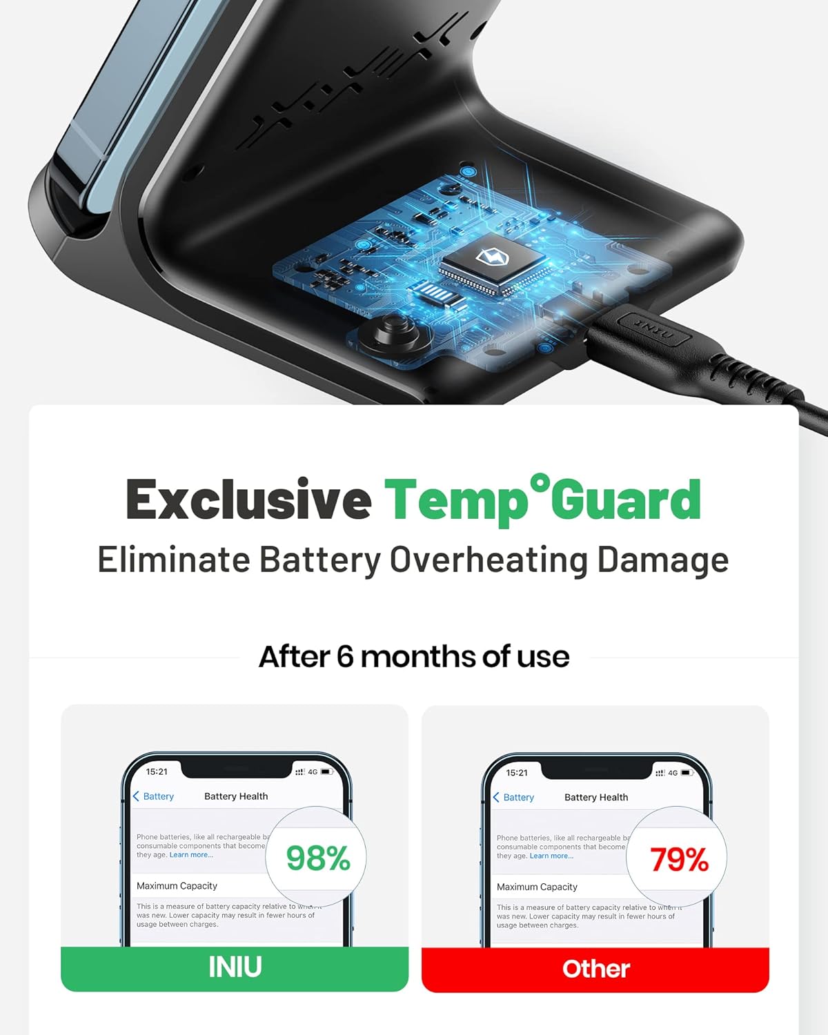 INIU Wireless Charger, 15W Fast Qi Certified Wireless Charging Station with Sleep-Friendly Adaptive Light Compatible with iPhone 17 16 15 14 13 12 Pro Max Samsung Galaxy S25 S24 S23 Note 20 Google etc