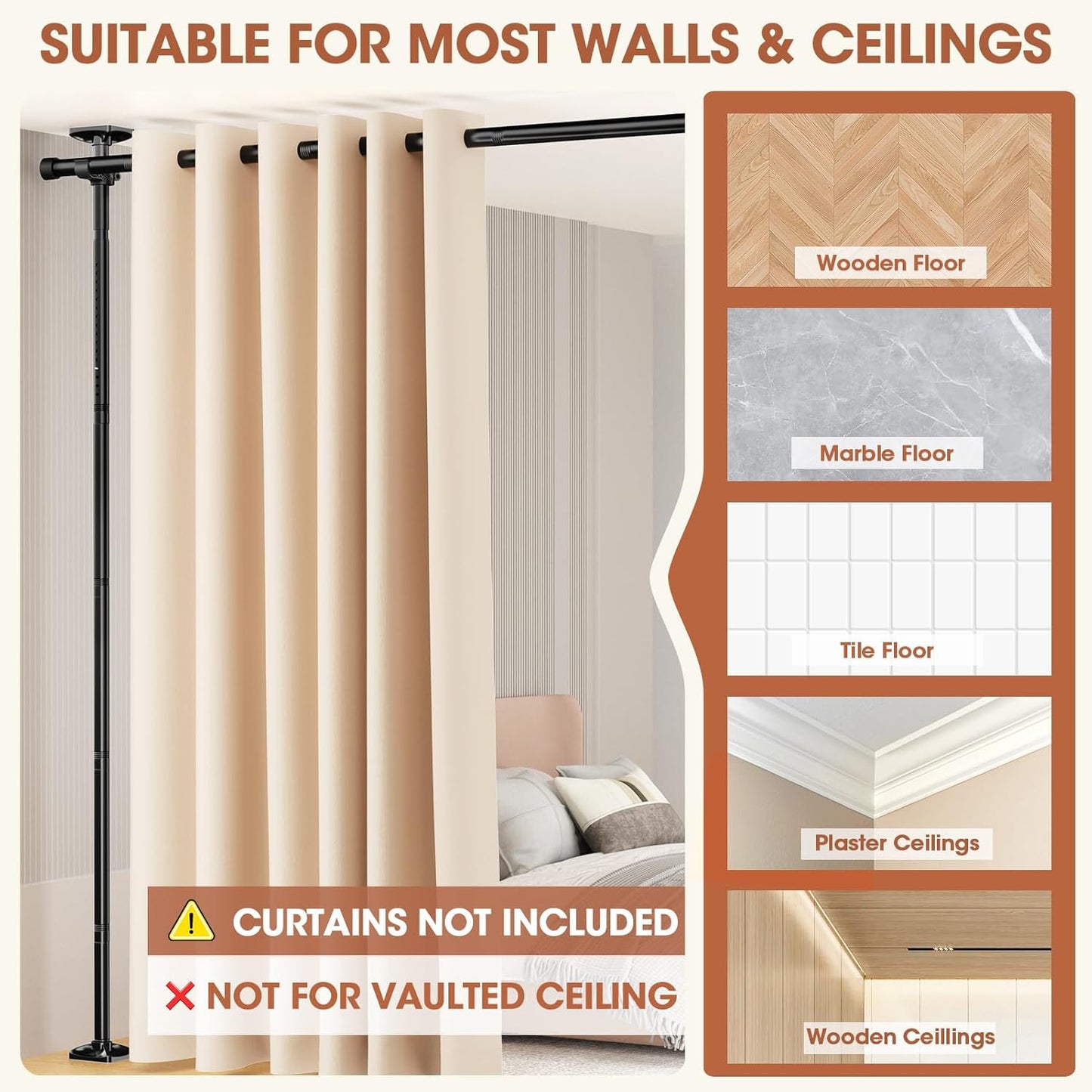 Room Divider Curtain Rod, No Drilling Room Separator for Space Partition Adjustable 4-10ft(H) 28-70inch(W) Heavy Duty Temporary Wall Divider Floor to Ceiling Tension Rod, Black