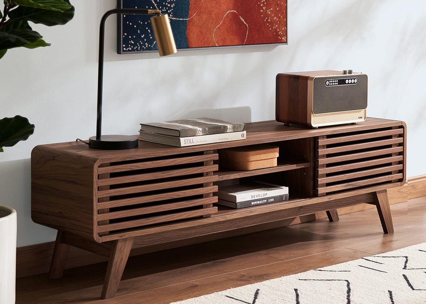mopio Ensley TV Stand, Mid Century Modern for 55/60/65 inch TV, Farmhouse TV Stand, Entertainment Center with Storage, TV and Media Console for Living Room (Walnut, 59" Low)