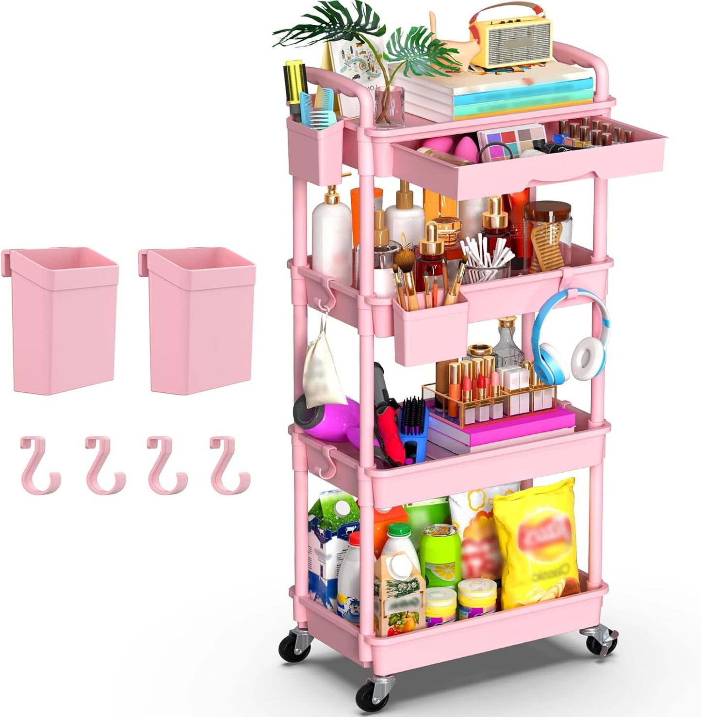 Goovilla 3 Tier Rolling Utility Cart Organizer with Removable Drawer, Stable and Sturdy Black Rolling Storage Carts with 2 Lockable Wheels for Bathroom, Kitchen, Snack, Craft, Makeup, Baby Essentials