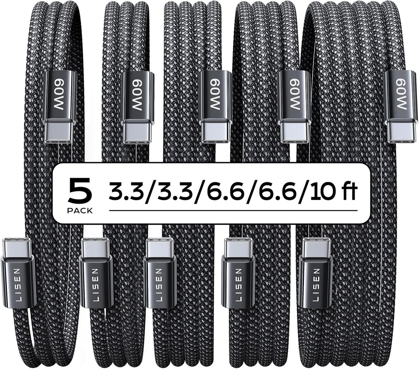 LISEN USB C to USB C Cable, 5-Pack [3.3/3.3/6.6/6.6/10FT] for iPhone 17 Charger Cord, 60W C to C Cable Fast Charging for iPad, iPhone 17 Air 16 15 Pro Max, Samsung Z Flip 7/S25/S24 USBC to USBC Cable