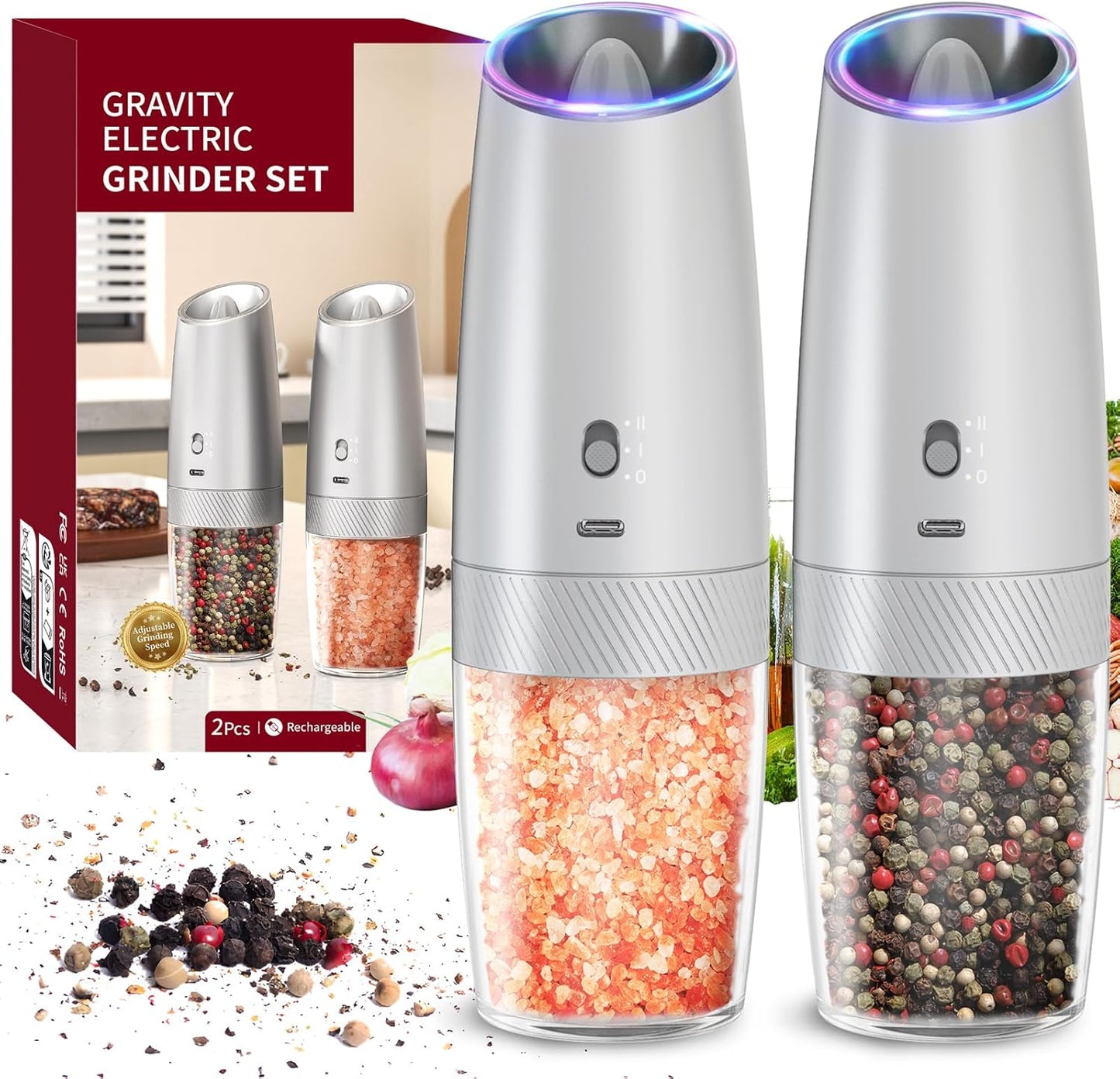 CIRCLE JOY Gravity Electric Salt and Pepper Grinder Set Automatic Salt and Pepper Grinder Set with LED Light, Battery Operated, Adjustable Coarseness, Large Capacity, for Home Kitchen BBQ