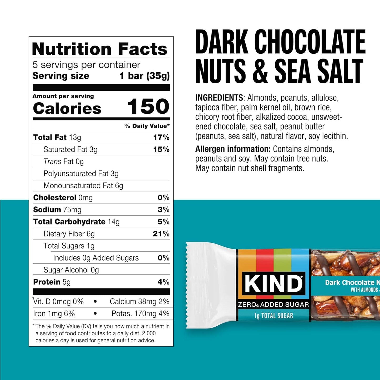 keto-friendly kind zero dark chocolate nuts and sea salt bars, gluten-free, 5g protein, 5 count