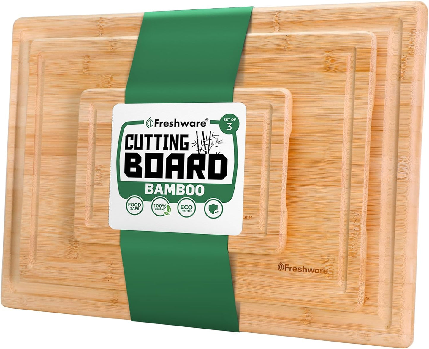 Freshware Bamboo Cutting Board Set of 3, Wooden Cutting Boards for Kitchen, Knife Friendly Food Grade Chopping Board, Lightweight with Hanging Hole for Easy Storage