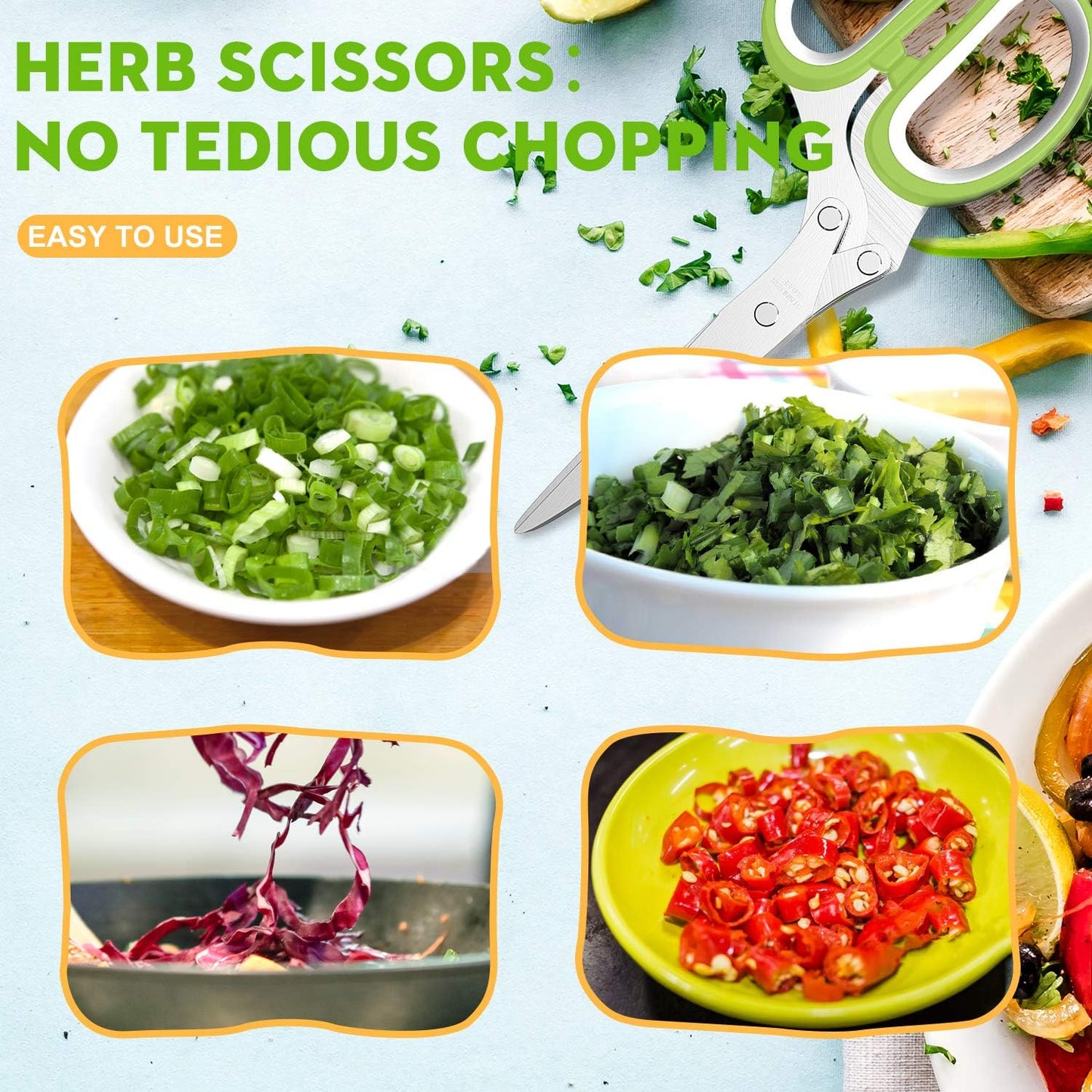 Herb Scissors Set - Updated 2025 Cool Kitchen Gadgets for Cutting Fresh Garden Herbs - Herb Cutter Shears with 5 Blades and Cover, Sharp and Anti-rust Stainless Steel, Dishwasher Safe (Green-White)
