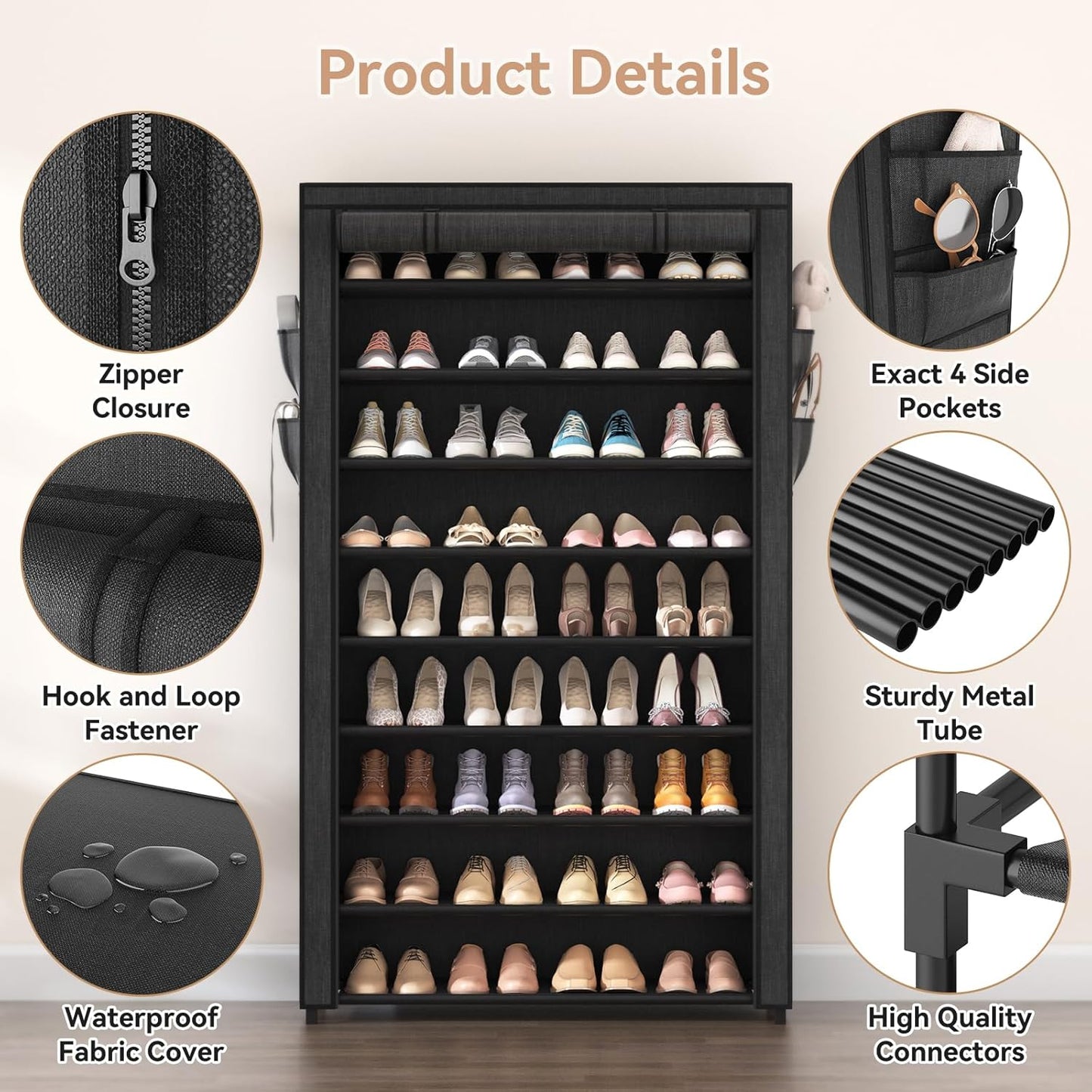 Shoe Rack with Covers - 10 Tiers Tall Shoe Rack Organizer Large Capacity Shoe Shelf Storage 40 Pairs Space Saving Vertical Shoe Storage Organizer for Closet, Entryway, Dorm, Bedroom