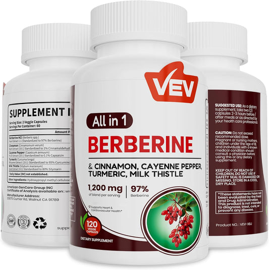 VEV Berberine Supplement with Ceylon Cinnamon, Cayenne Pepper, Turmeric, Milk Thistle, Vegan & Non-GMO – 120 Capsules