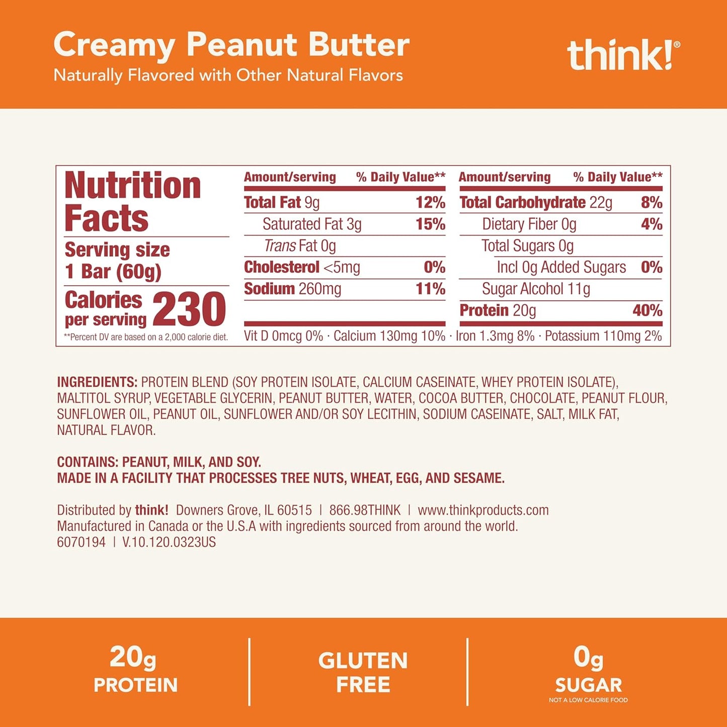 think! protein bars, high protein snacks, gluten-free, kosher-friendly, creamy peanut butter, 20g protein, 12-count pack