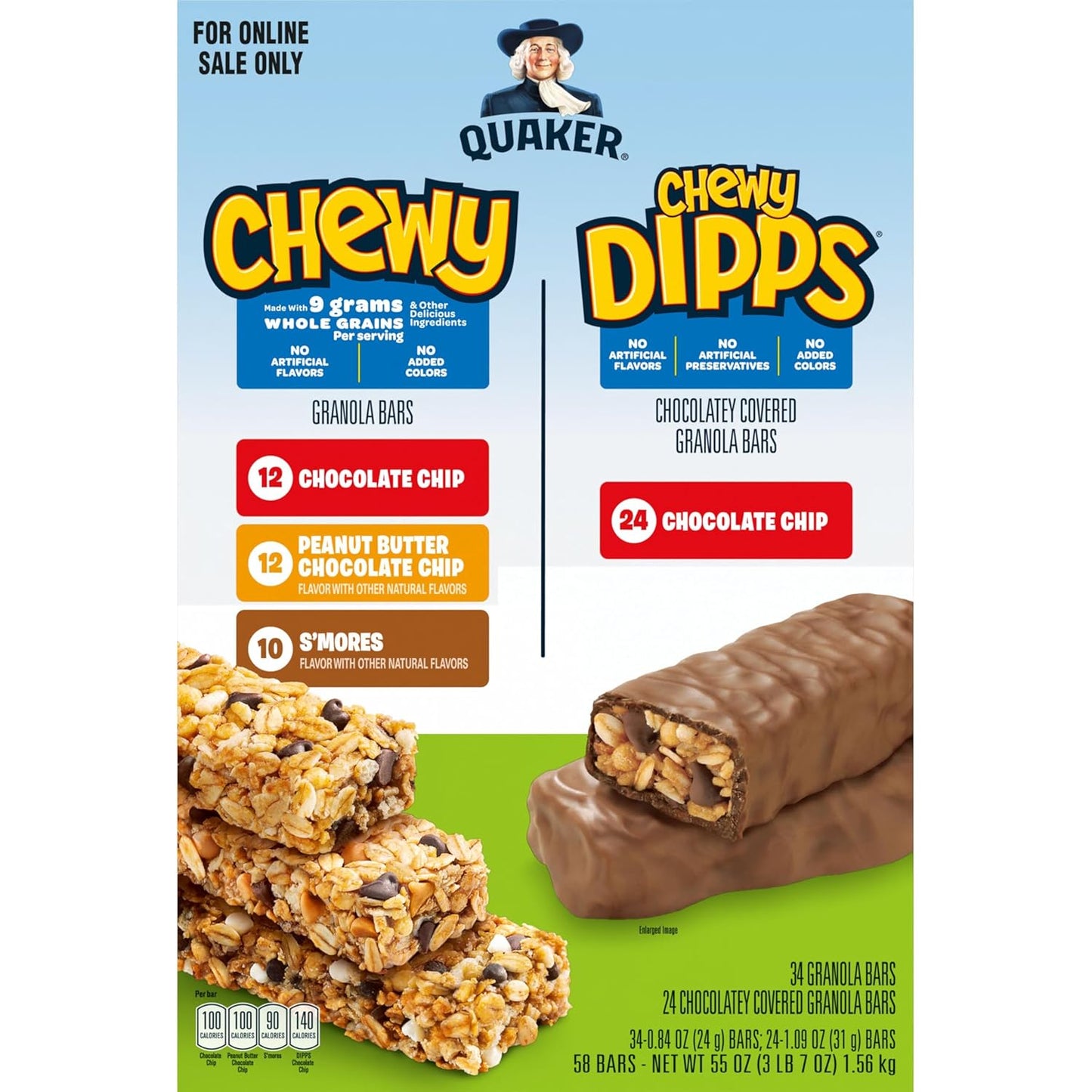 Quaker Chewy Granola Bars, Chewy & Dipps Variety Pack, 58 Bars, Whole Grains, No Artificial Flavors