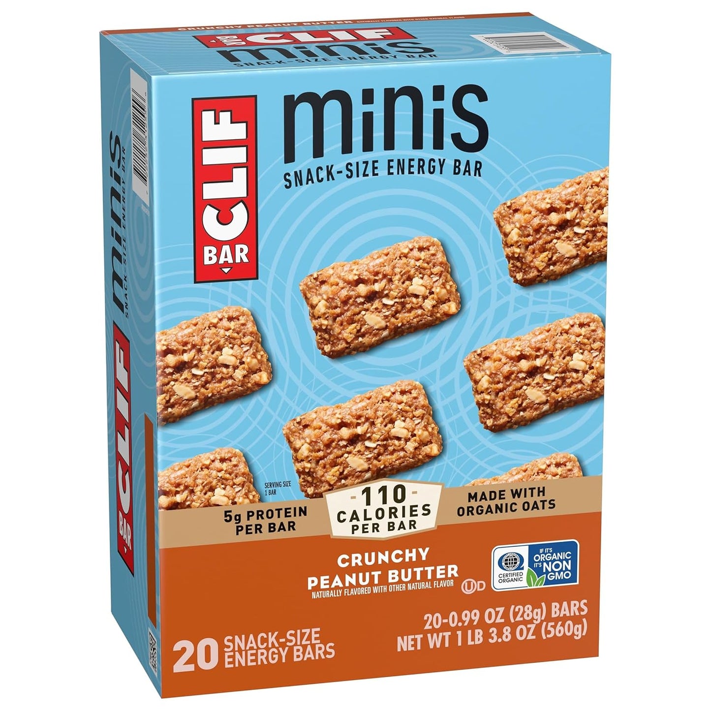 clif bar minis crunchy peanut butter 5g protein non-gmo plant based snack size 20 pack