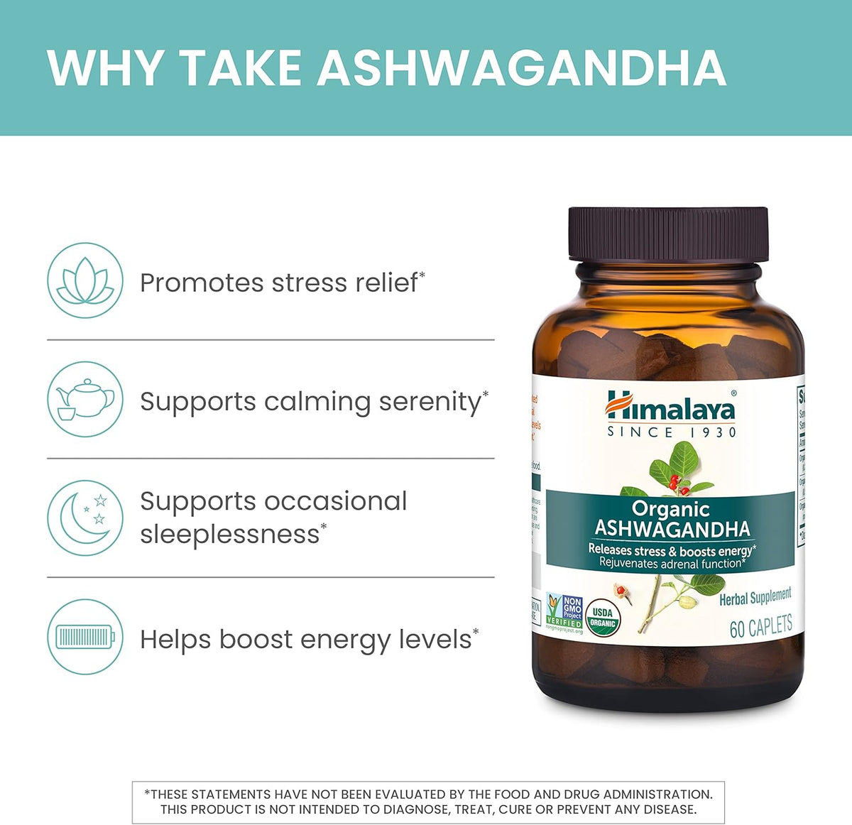 Himalaya Organic Ashwagandha Root, 2 Month Supply - Herbal Adrenal Support Supplements for Stress Relief and Energy Support - USDA Organic, Non-GMO, Vegan, Gluten Free, 670 mg, 60 Caplets