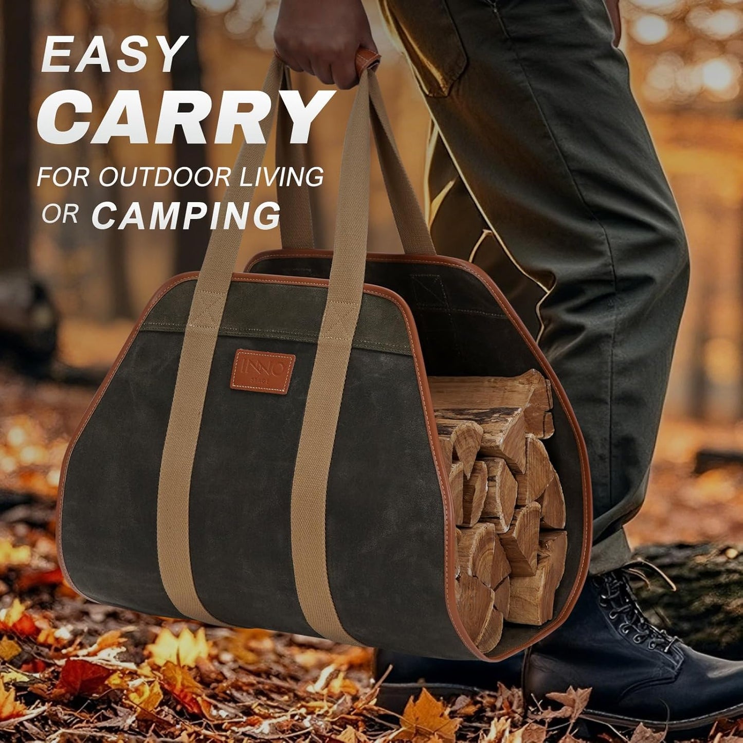 INNO STAGE Firewood Carrier Firewood Bag Heavy Duty Waxed Canvas Log Carrier Tote for Firewood, Large Fire Wood Sling Carrier with Handles for Easy Transport Carrying and Wood Stove Accessories