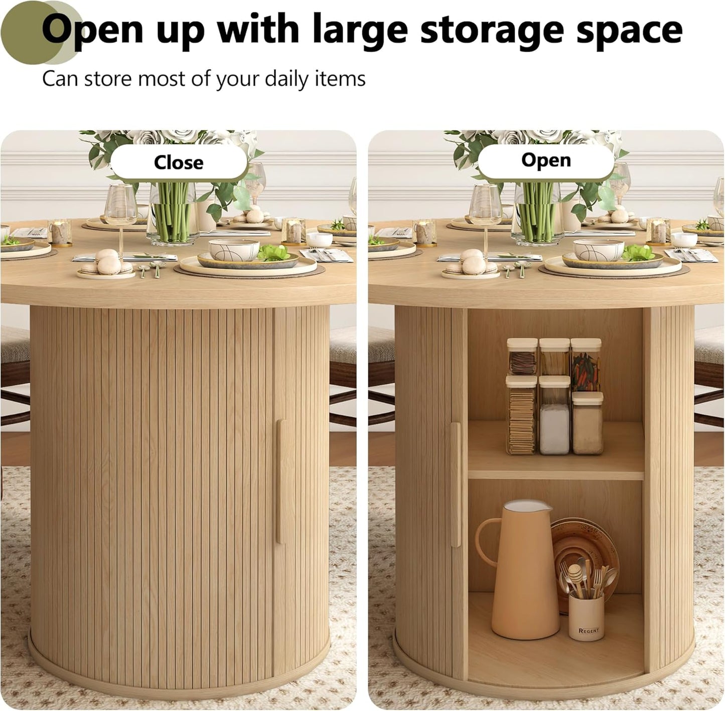 47 inch Round Dining Table for 4, Kitchen Table Dinner Table with 2-Layer Storage Shelf and Wood Slide Door for Home Dining Room Living Room (Natural)