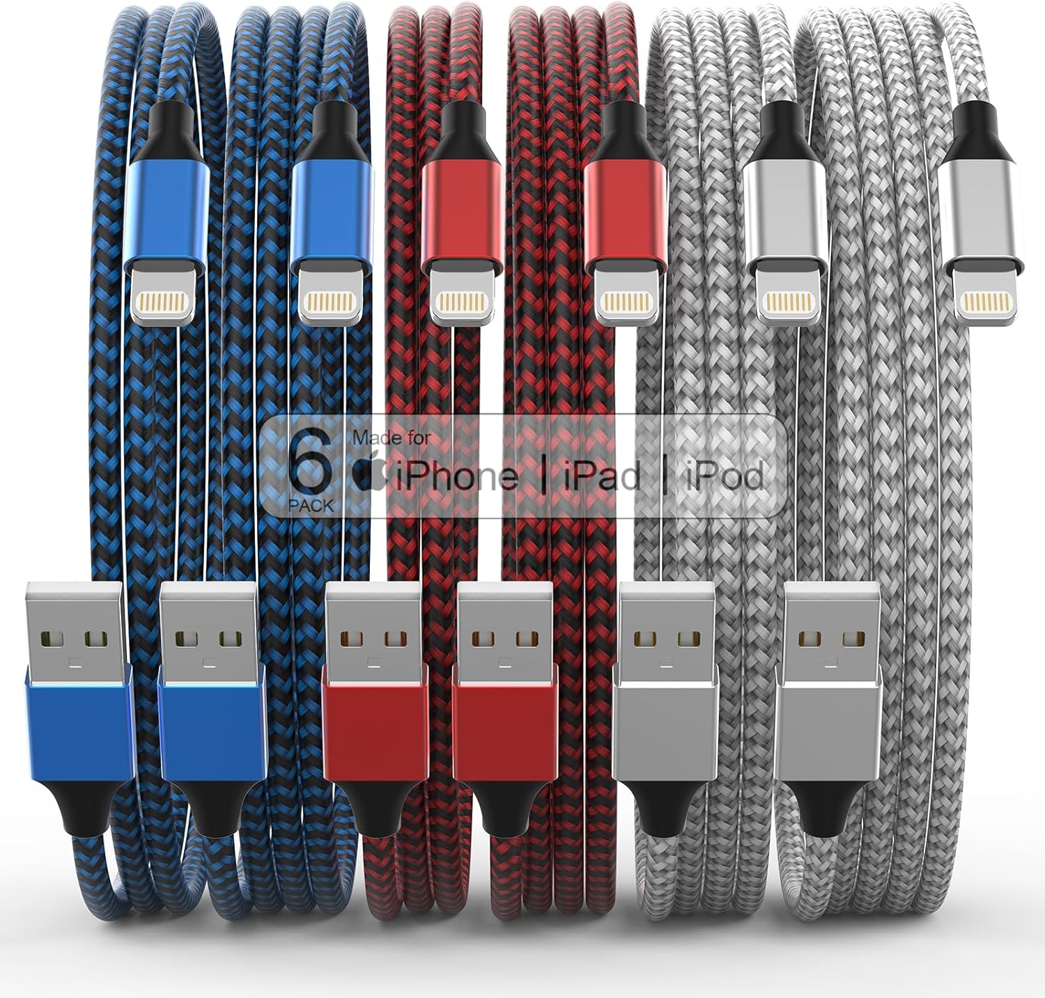 [Apple MFi Certified] 6Pack 3/3/6/6/6/10 FT iPhone Charger Nylon Braided Fast Charging Lightning Cable Compatible iPhone 14 Pro/13 mini/13/12/11 Pro MAX/XR/XS/8/7/Plus/6S/SE/iPad