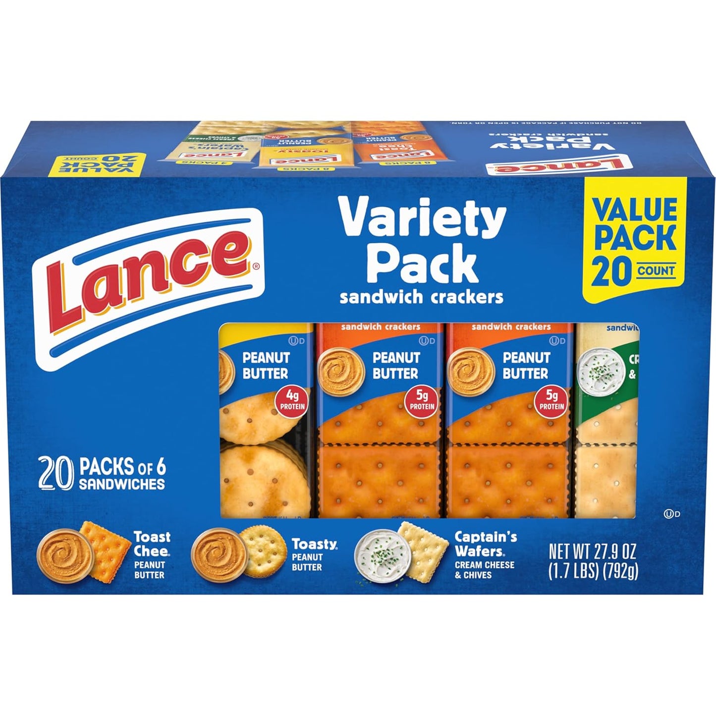 Lance Sandwich Crackers Variety Pack, 3 Flavors, 20 Individually Wrapped Packs, 6 Sandwiches Each