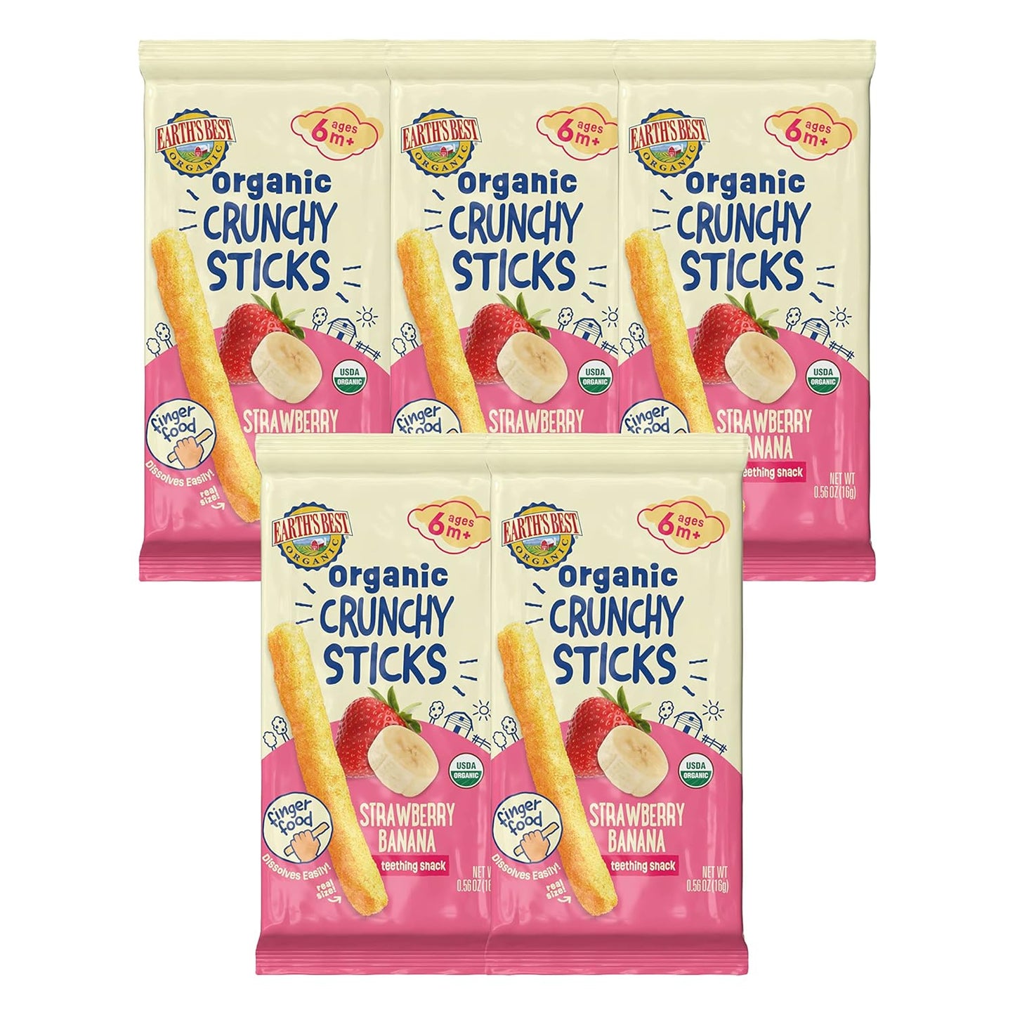 Earth's Best Organic Baby Food - Teething Snack for Babies 6 Months and Older - Strawberry Banana Crunchy Sticks, 5 Pack (.56 oz each)