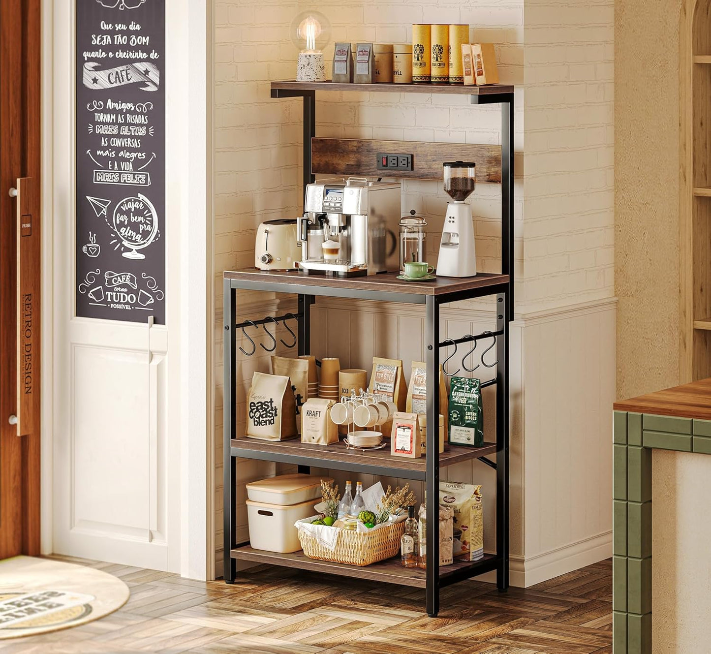 SUPERJARE Kitchen Bakers Rack with Power Outlet, Coffee Bar Table 4 Tiers, Kitchen Microwave Stand with 6 S-shaped Hooks, Storage Shelf Rack for Spices, Pots and Pans - Rustic Brown
