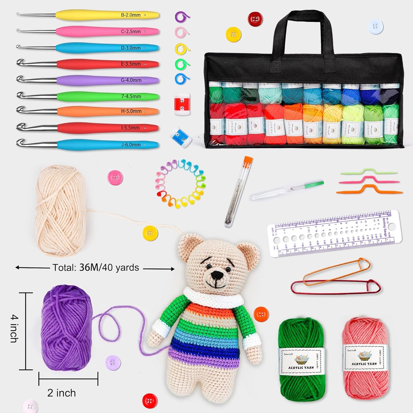 INSCRAFT 113 Piece Crochet Kit with Yarn Set– 1600 Yards Assorted Yarn for Knitting and Crochet, 73PCS Crochet Accessories Set Including Ergonomic Hooks, Knitting Needles & More Ideal Beginner Kit