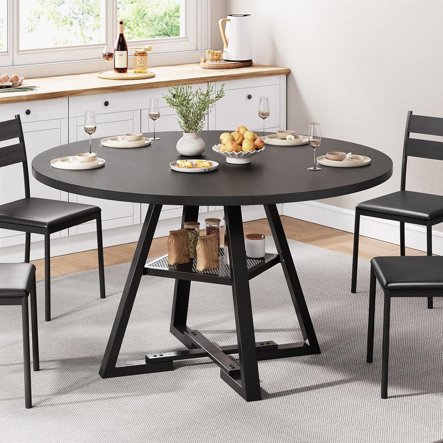 Round Dining Table for 4,Kitchen Dining Room Circle Dinner Pedestal Table,Space Saving Wood Kitchen & Dining Room Furniture (Black, 47In)
