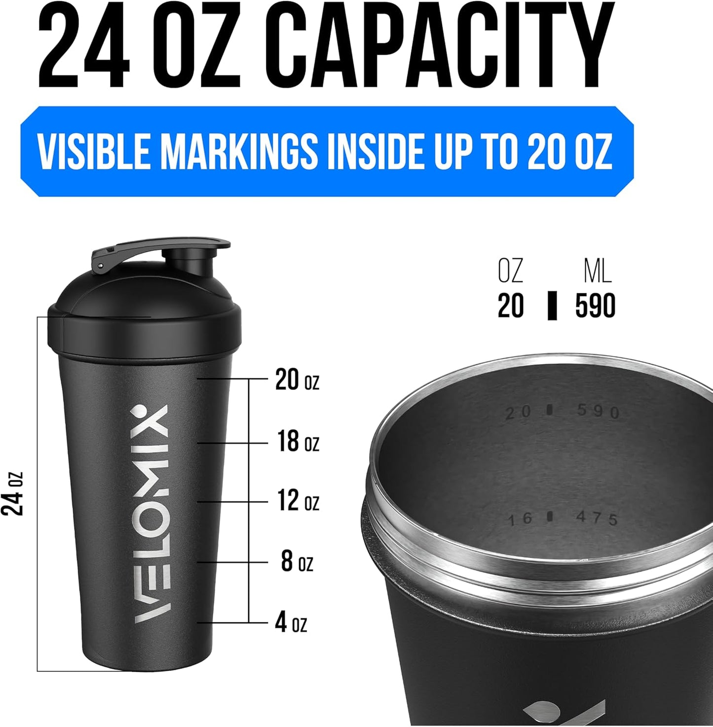 VELOMIX 24 oz Stainless Steel Shaker Bottle with Wire Whisk - Leakproof, No Clumps, Odor Resistant Metal Shaker Bottle, Insulated Shaker Cups for Protein Shakes, Pre Workout and Smoothie (Black)
