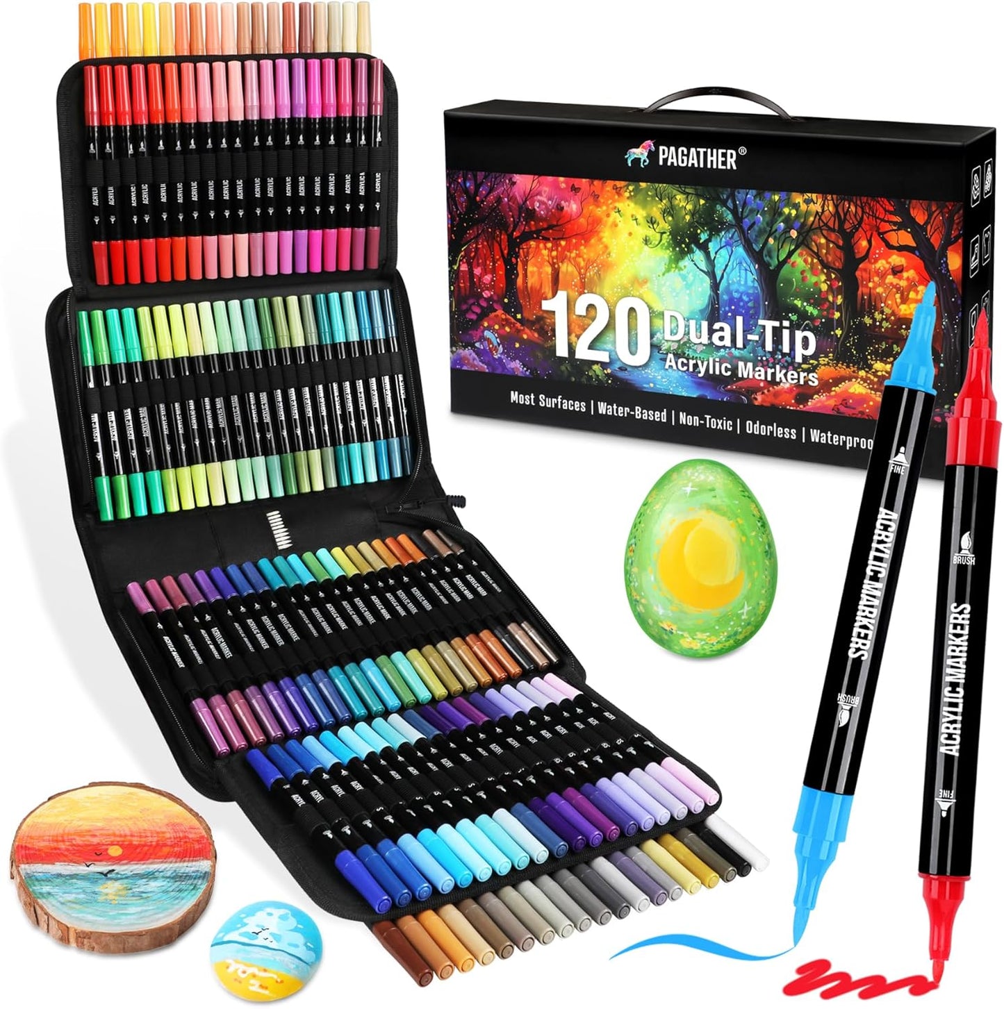 120 Colors Acrylic Paint Markers, Dual Tip Fine and Brush Tips Pens Contain 24 Metallic Color for Stone, Wood, Calligraphy, Canvas, Ceramic, Metal, Glass, Rock Painting, DIY Crafts Art Supplies Kit
