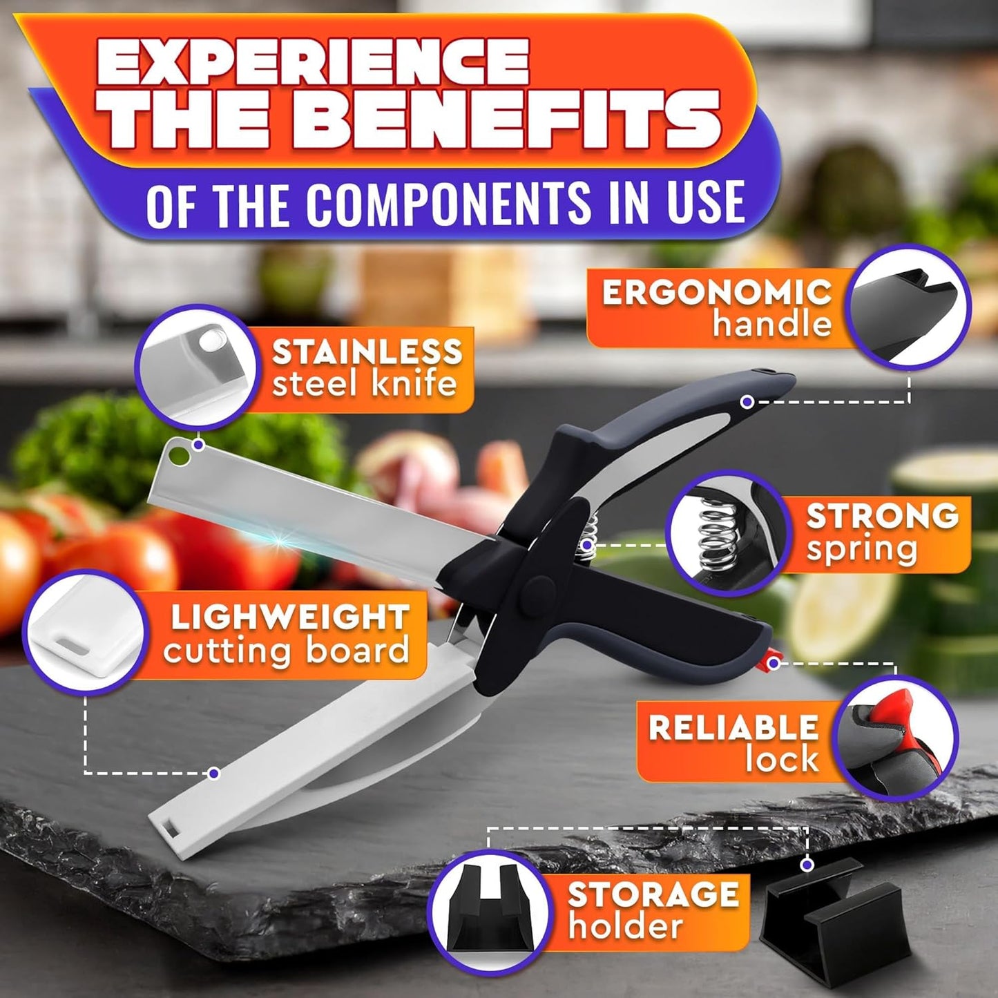 2 in 1 Kitchen Scissors for Food – Stainless Steel Blade & Plastic Cutting Board Scissors with Safety Lock | 9.6" Tomato Knife, Fruit & Vegetable Cutter – Easy-to-Use Kitchen Shears for Meat, Cheese