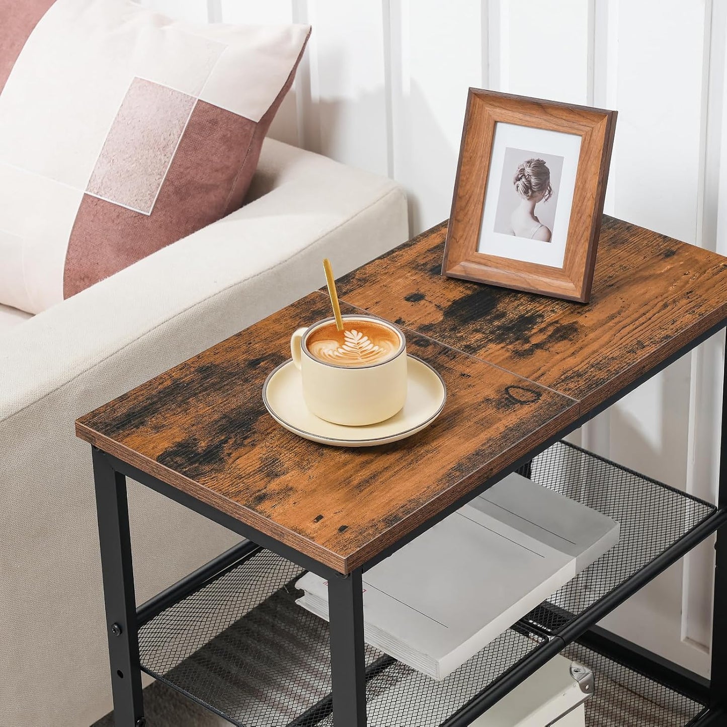 HOOBRO End Table, 3-Tier Narrow Side Table, Nightstand with 2 Flat or Slant Adjustable Shelves for Small Spaces, Hallway, Living Room, Bedroom, Sturdy, Easy Assembly, Rustic Brown and Black BF23BZ01G1
