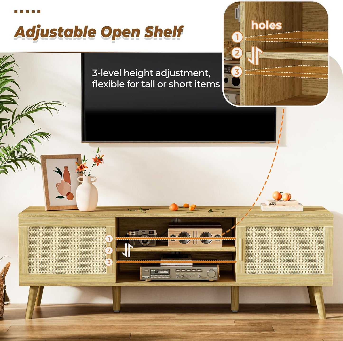 SUPERJARE Boho TV Stand for 65 Inch TV, Entertainment Center with Adjustable Shelf, Rattan TV Console with 2 Cabinets, Media Console, Solid Wood Feet, 4 Cord Holes, for Living Room - Natural, 8782T