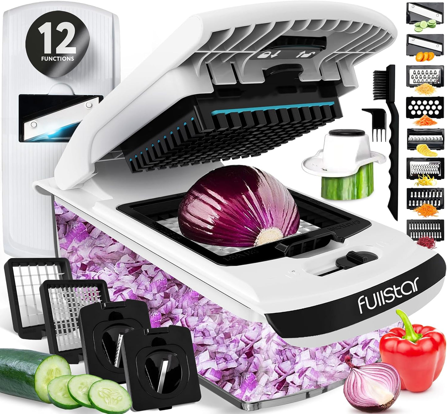 Fullstar Mandoline Slicer for Kitchen - Vegetable Chopper, Onion Potato Food Veggie Fruit Slicer and Cutter with Container, Kitchen Gadgets & Gifts, Home Essentials (6-in-1, White/Black)